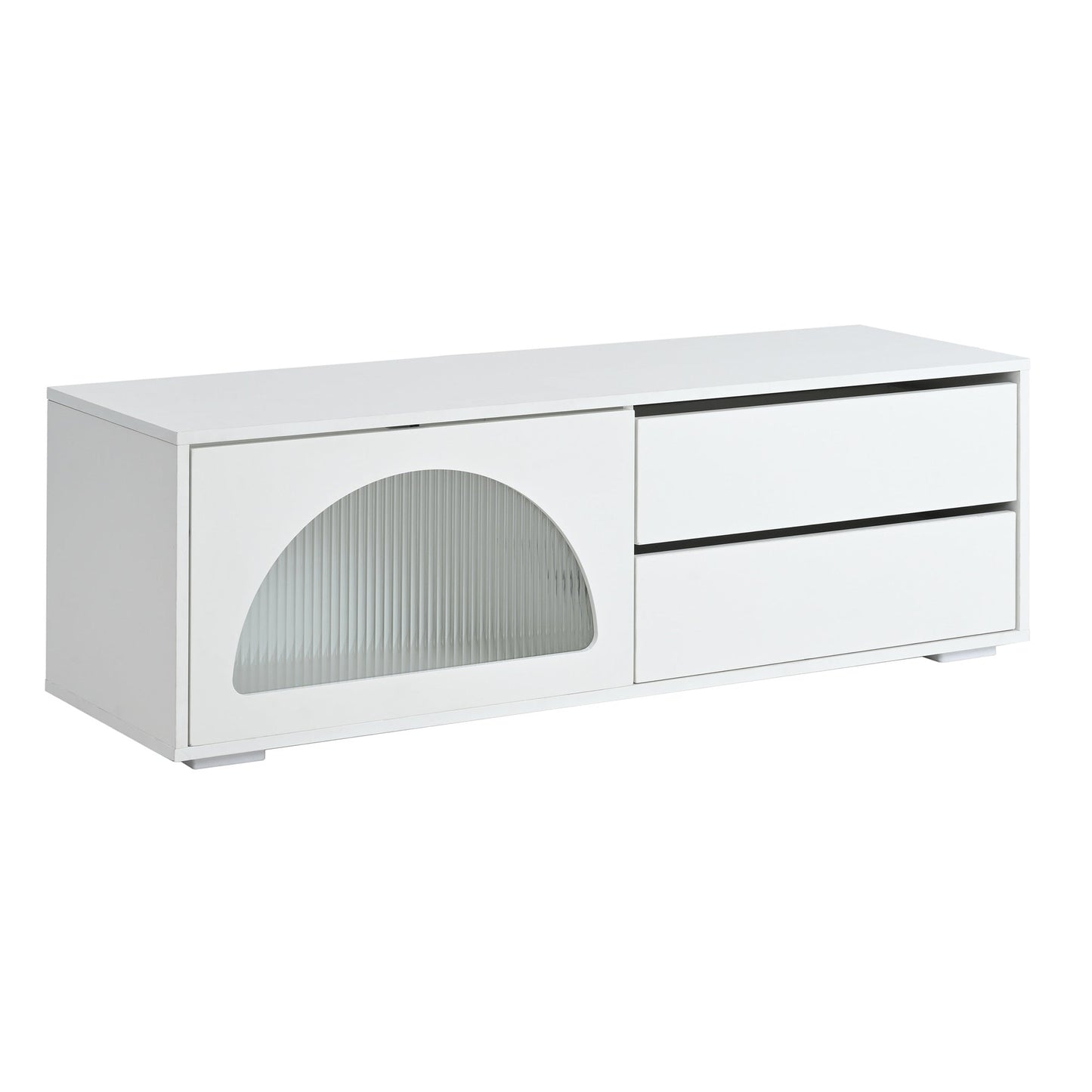 ON-TREND Modern TV Stand with Fluted Glass Door for TVs Up to 100', Media Console with Sliding Door & 2 Drawers, Free-Combination Entertainment Center with LED Light for Living Room, Bedroom, White
