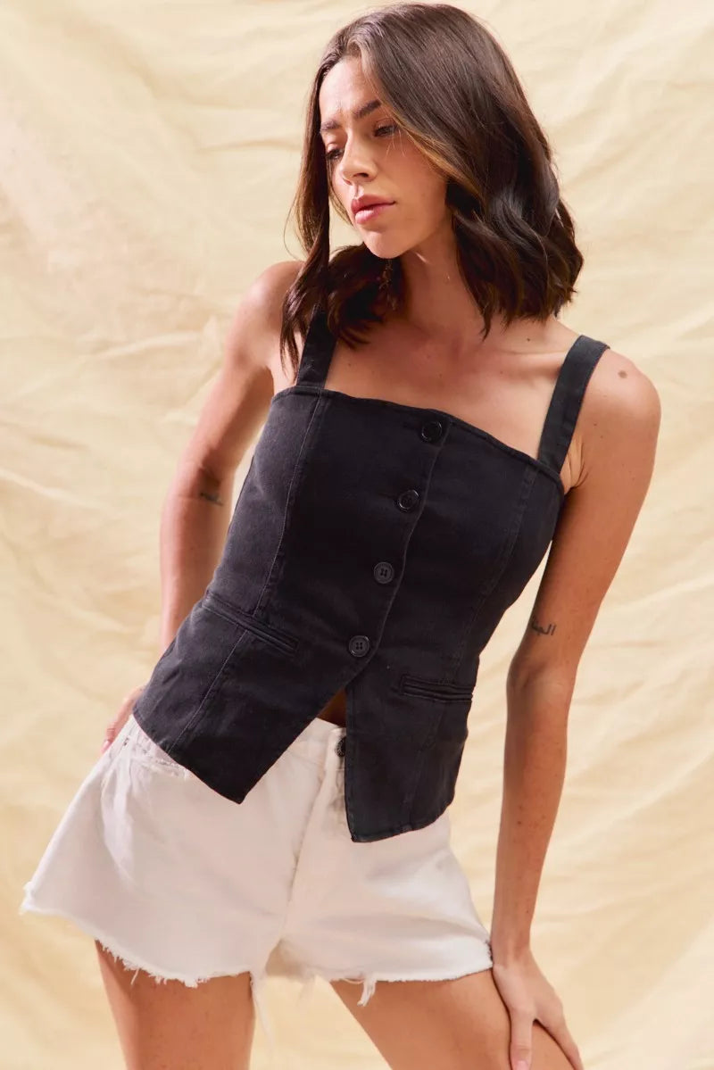 SO ME Button Down Sleeveless Game Day Fitted Denim Top - Lee's Retail