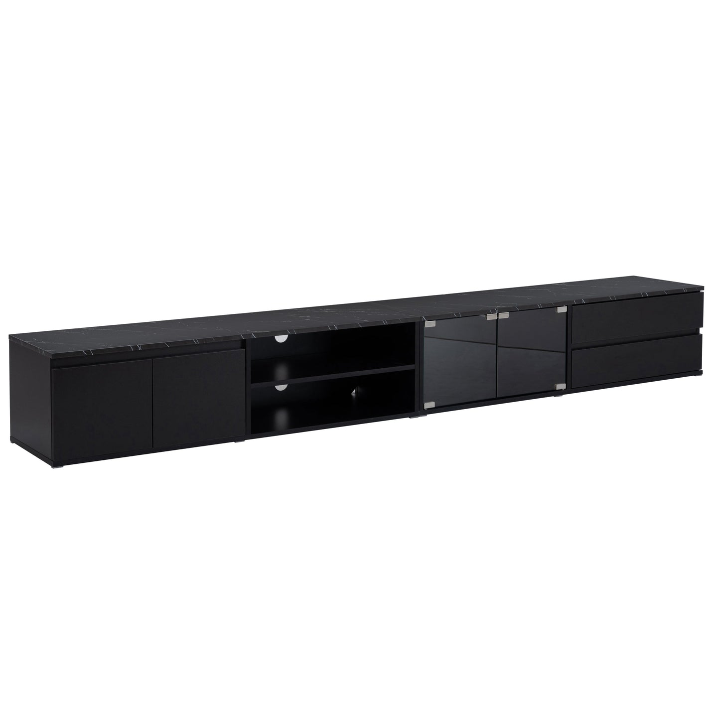 ON-TREND Modern APP Controlled LED TV Stand for TVs Up to 105'', Faux Marble Tabletop Media Console with Tempered Glass Doors, Entertainment Center with 2 Drawers & Cabinets for Living Room, Black