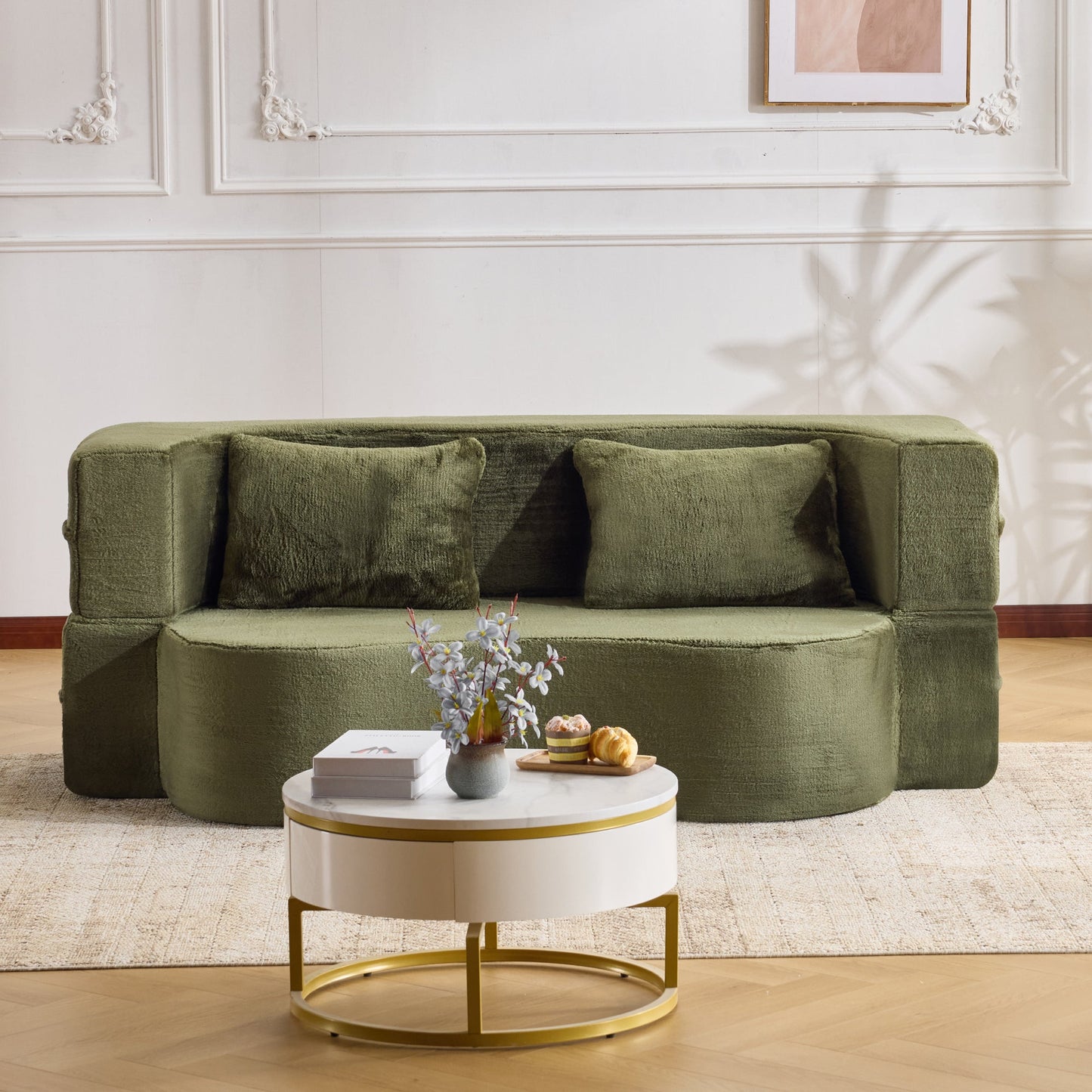71-inch folding sofa bed, plush futon sofa bed, high-density foam convertible sofa bed, folding floor sofa bed for living room, guest room, bedroom, green
