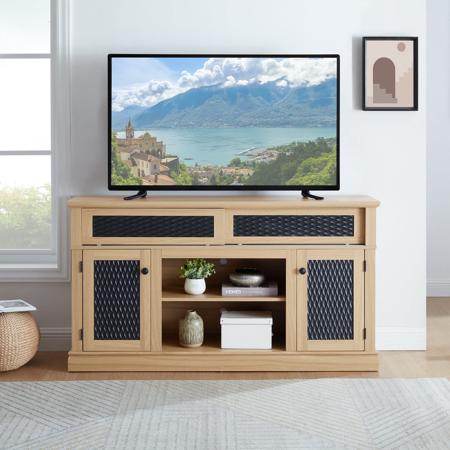 Embossed Pattern TV Stand, TV and Media Console with Open and Closed Storage Space and sliding door for Living Room & Bedroom, LIGHT OAK, 58.27'W*15.35'W*31.7H