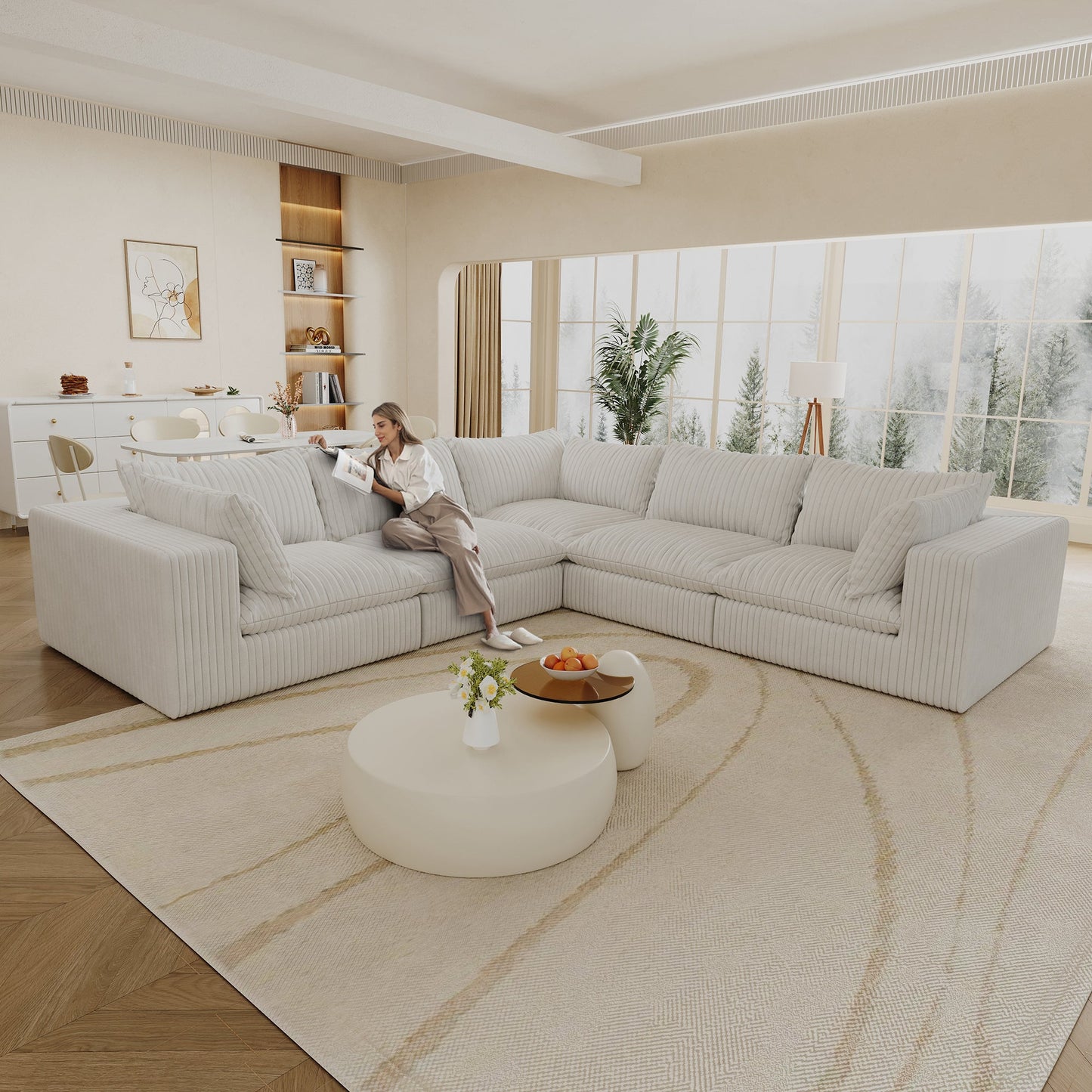 118.2' Cloud Sofa,Corduroy Fabric,Deep Seat Couches,Double-layer design,Removable Cushion,No Assembly, DIY Combination for Living room, Bedroom,Conference room ,Apartment,WHITE