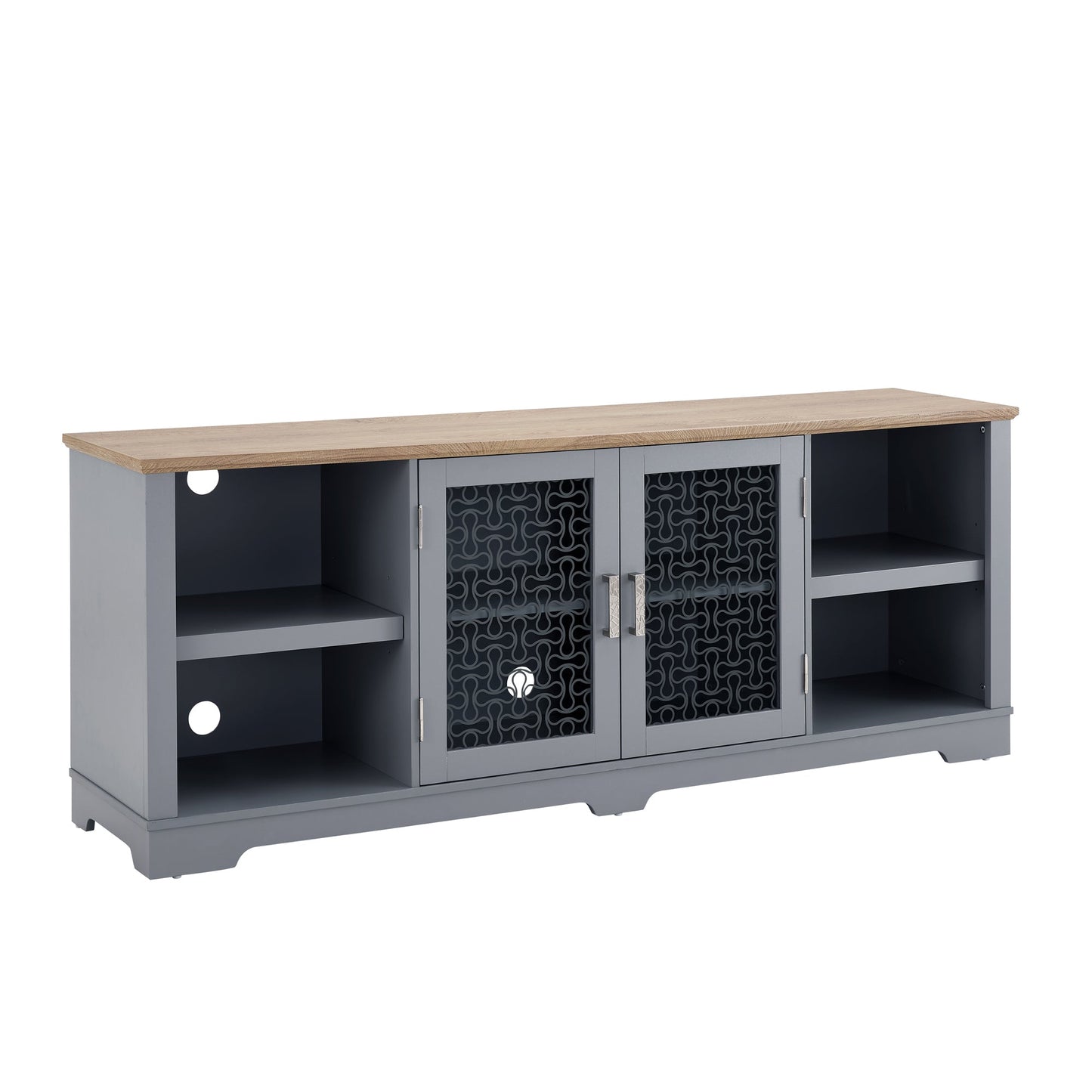 Modern Farmhouse TV Media Stand, Large Home Entertainment Console, for TV Up to 80'', with Open Shelves and Glass Door Cabinets, Light Blue and Light Oak, 70'W*15.55'D*26.85'H