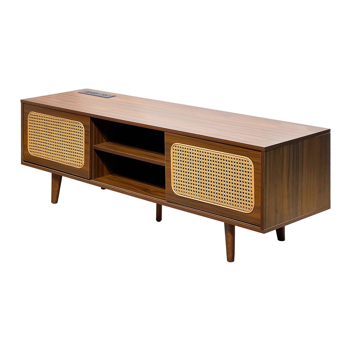 Mid Century Modern Rattan TV Stand for 55/60/65 inch TV , Entertainment Cabinet, Media Console for Living Room Bedroom Media Room, Solid Wood Feet & Rattan Cabinet Doors (Walnut, 59')