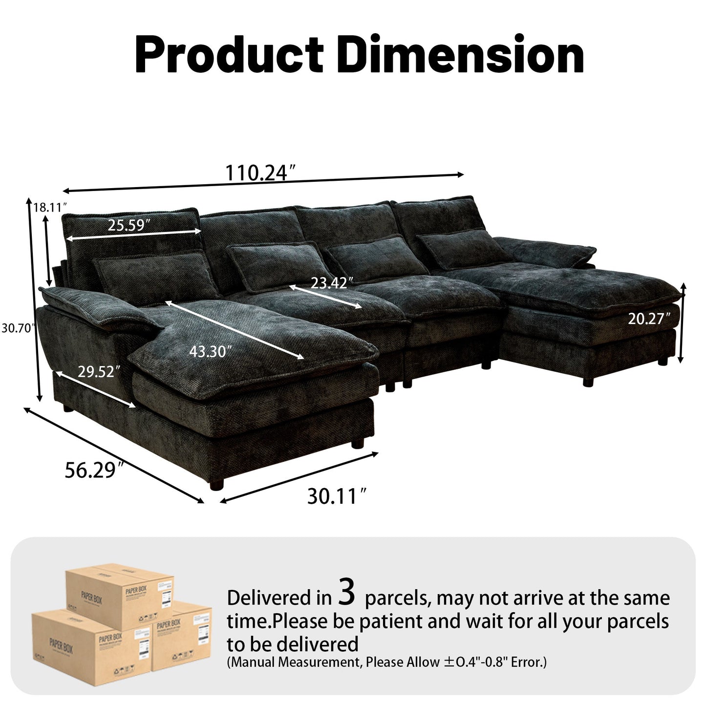 110' Modular Sectional Sofa Cloud Couch with Double Chaise Lounge , U Shaped Chenille Upholstered Leisure Sofa&Couches with Memory Foam and Waist Pillows for Living Room Office,Black.