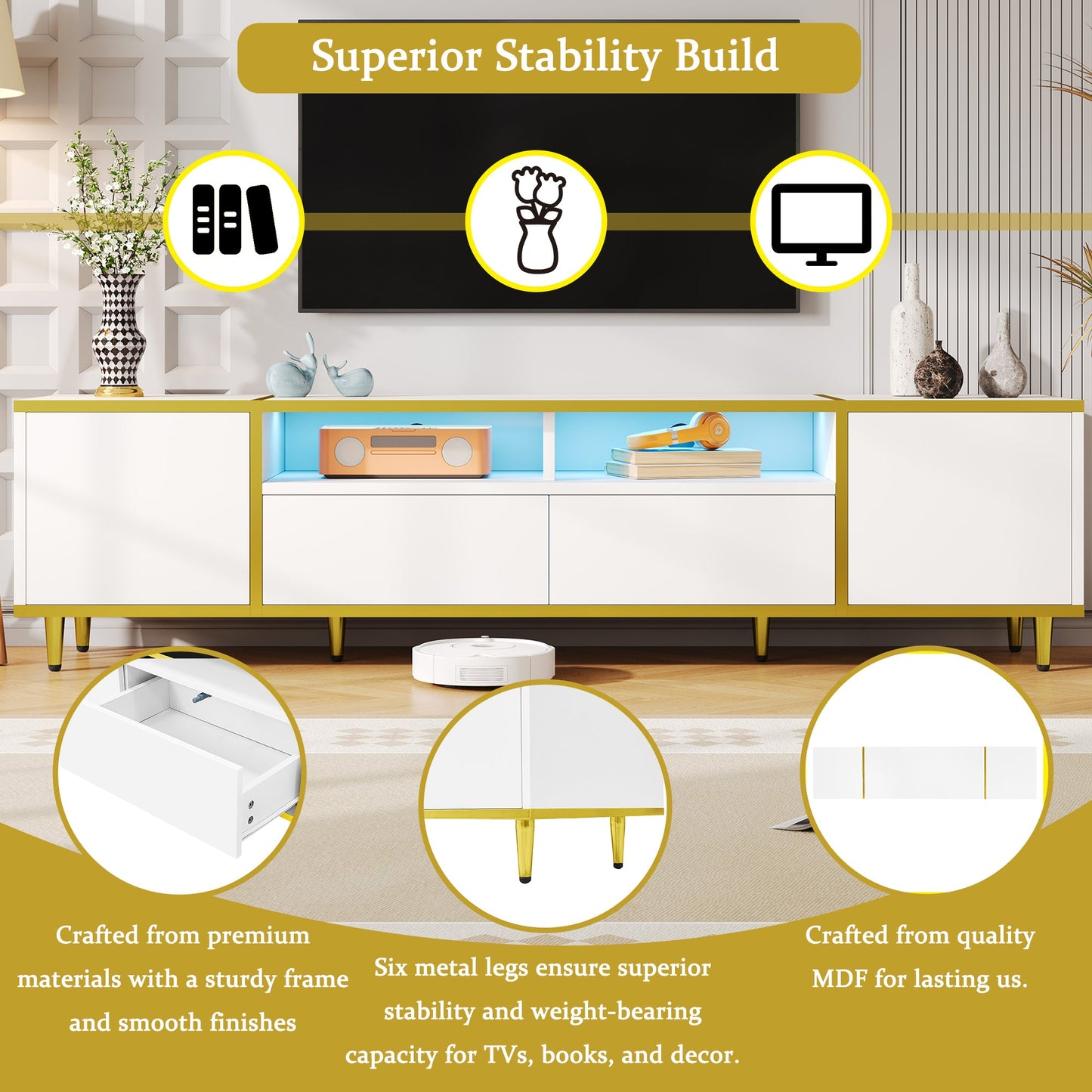 U-Can 70.9'' Modern TV Stand for TVs up to 80 Inches, Entertainment Center with 2 Shelves and LED Lights, TV Storage Cabinet with 2 Drawers, 2 Cabinets and Metal Legs for Living room