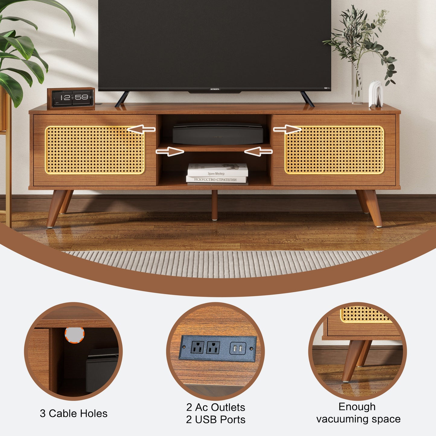 Mid Century Modern Rattan TV Stand for 55/60/65 inch TV , Entertainment Cabinet, Media Console for Living Room Bedroom Media Room, Solid Wood Feet & Rattan Cabinet Doors (Walnut, 59')