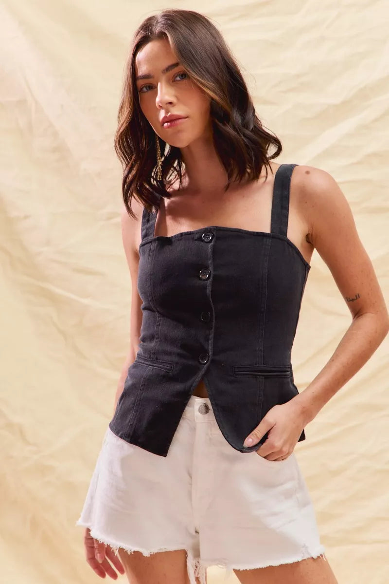 SO ME Button Down Sleeveless Game Day Fitted Denim Top - Lee's Retail