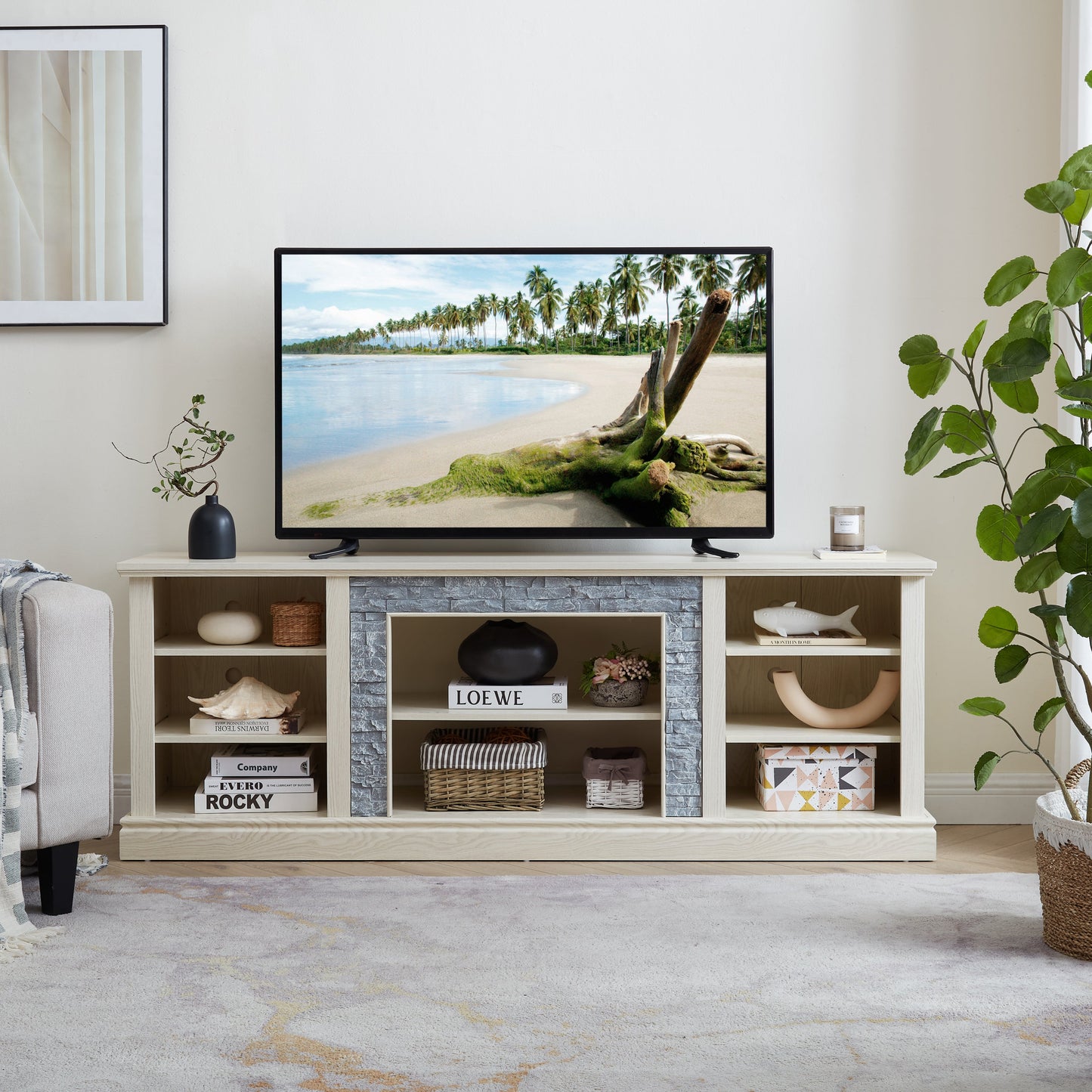 Large TV Desk Storage Rack with Faux Stacked Stone Surround,Media Console Table with Large Storage Cabinet,Modern TV Media Entertaionment Stand,WHITE, 70.12'W*15.35'D*25.83'H