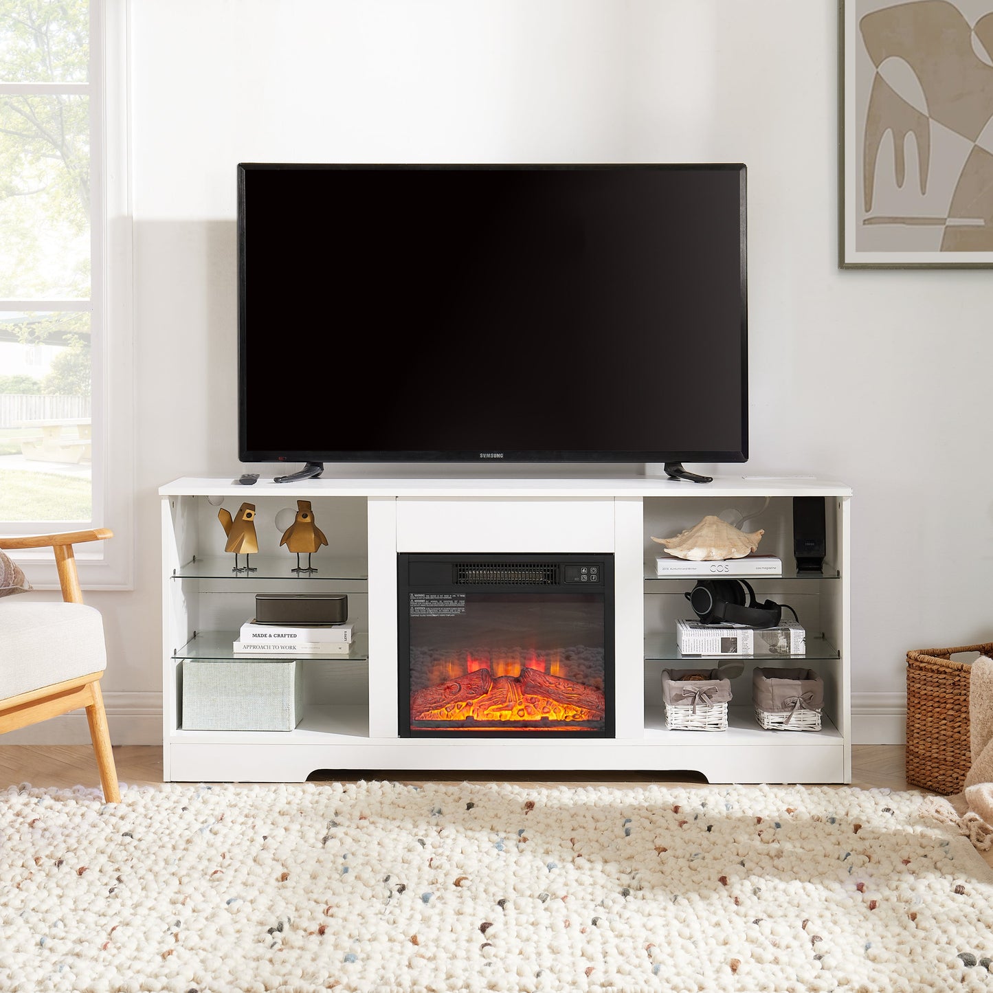 TV Stand Electric Fireplace TV Stand with Glass Shelves, 3D Fireplace TV Stand with LED Lights Wood with USB Charging Outlet Modern Television Table Center for TV up to 32-62' White 58''W*15.4''D*24.4