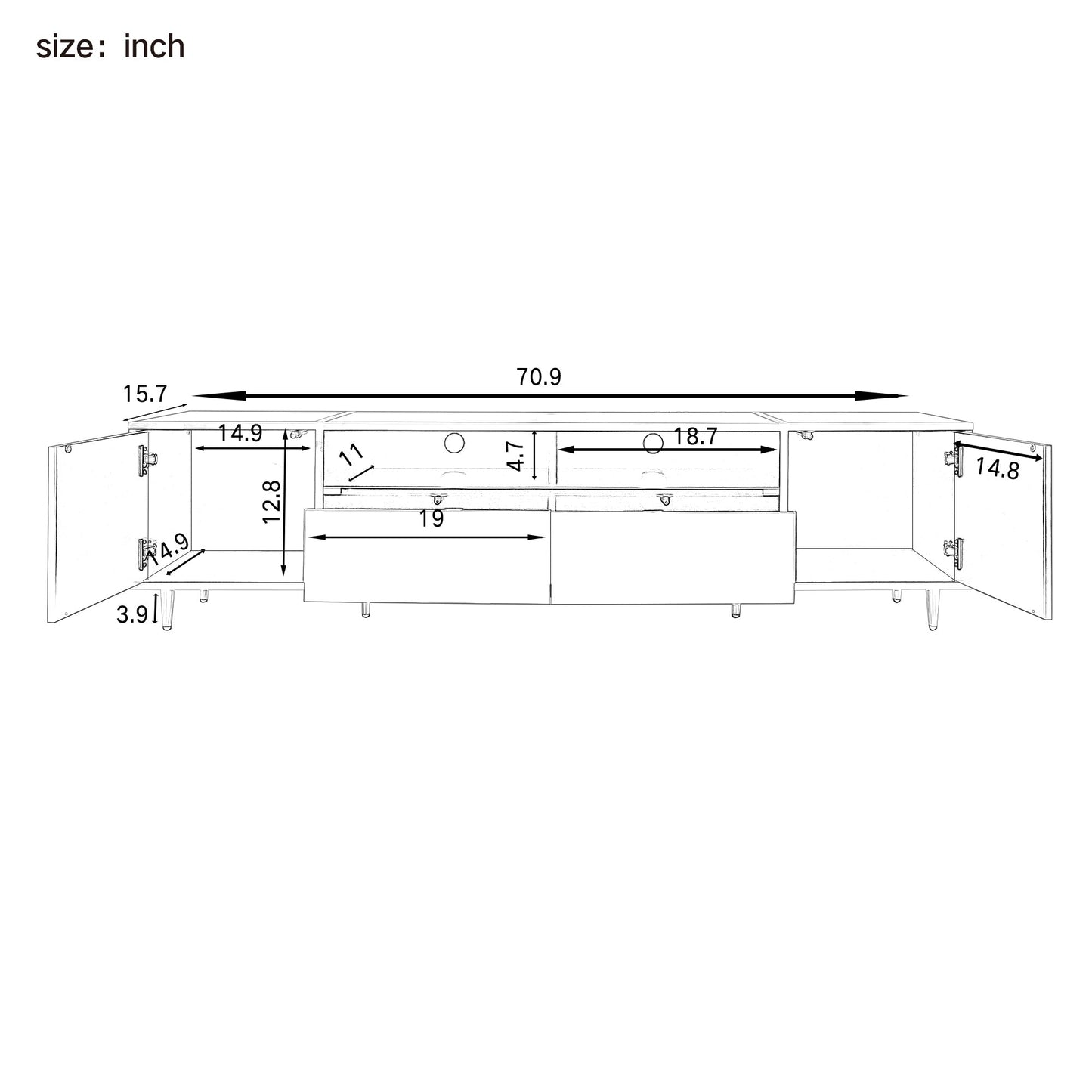 U-Can 70.9'' Modern TV Stand for TVs up to 80 Inches, Entertainment Center with 2 Shelves and LED Lights, TV Storage Cabinet with 2 Drawers, 2 Cabinets and Metal Legs for Living room