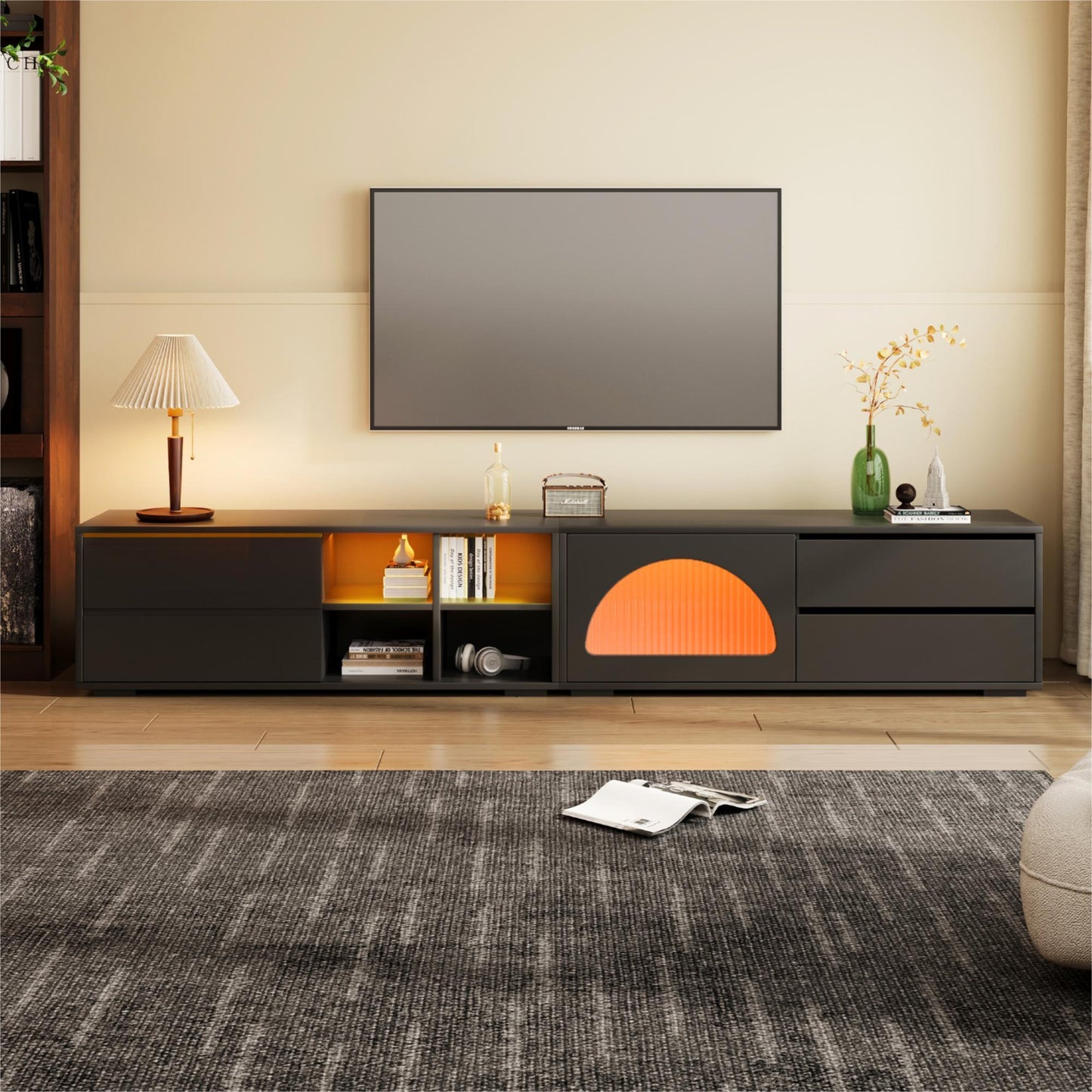 ON-TREND Modern TV Stand with Fluted Glass Door for TVs Up to 100', Media Console with Sliding Door & 2 Drawers, Free-Combination Entertainment Center with LED Light for Living Room, Bedroom, Black