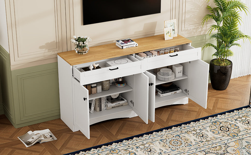 ON-TREND Farmhouse TV Stand with 2 Drawers for TVs Up to 70', Versatile Wood Grain Sideboard with Adjustable Shelves, Mid-Century Buffet Cabinet with Rustic Handles for Living Room/Bedroom, White