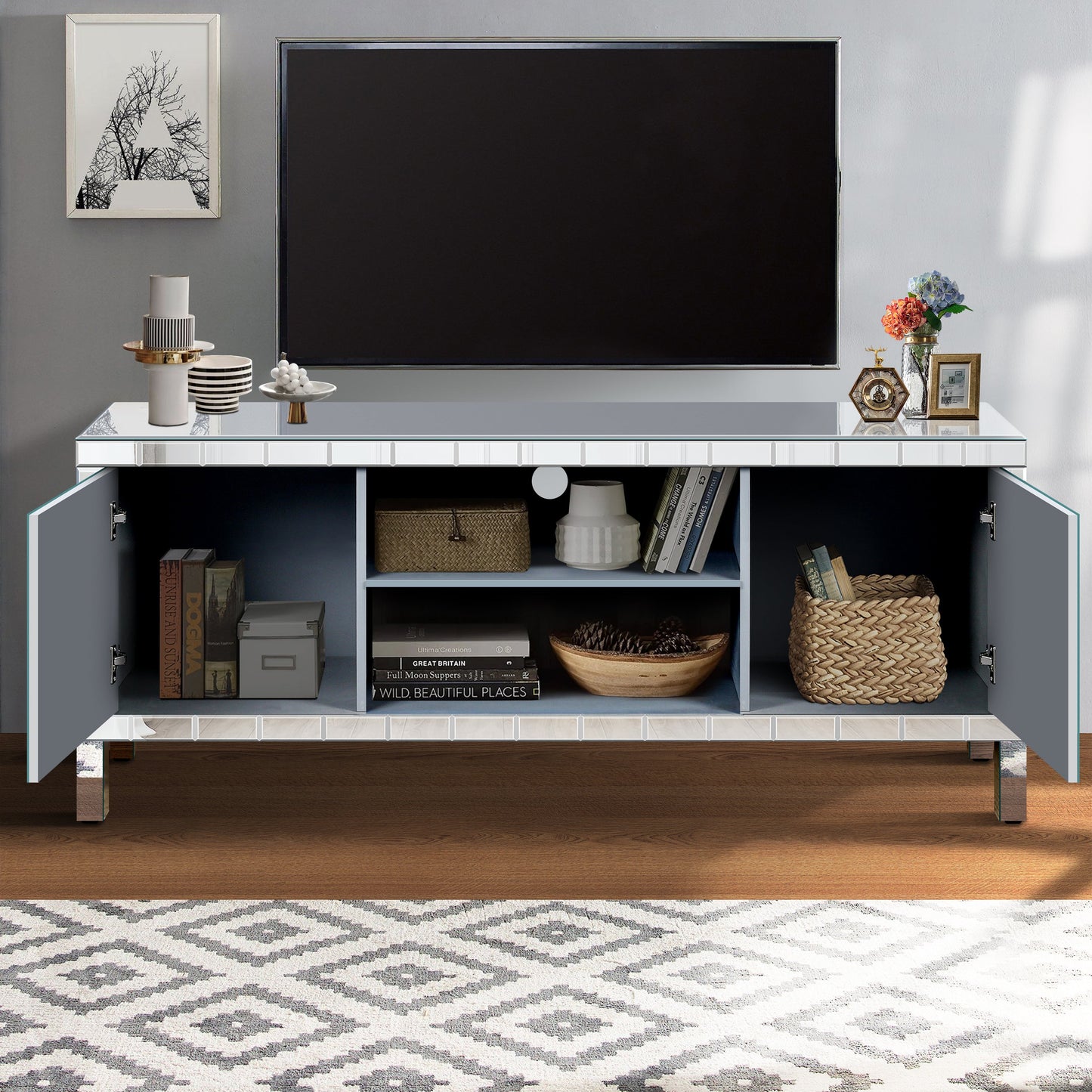 Mirrored TV Stand for 65+ inch TV,Sliver TV Console Table with Open Storage & 2 Storage Cabinets ,M Shape Sparkling Mirror Doors for Living Room(59''W x 25.2''H x 15.7D)