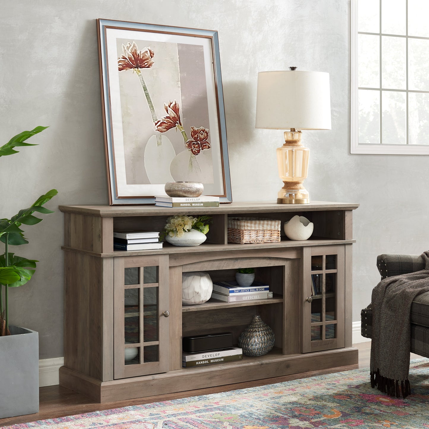 Classic TV Media Stand Modern Entertainment Console for TV Up to 65' with Open and Closed Storage Space, Gray Wash, 58.25'W*15.75'D*32'H