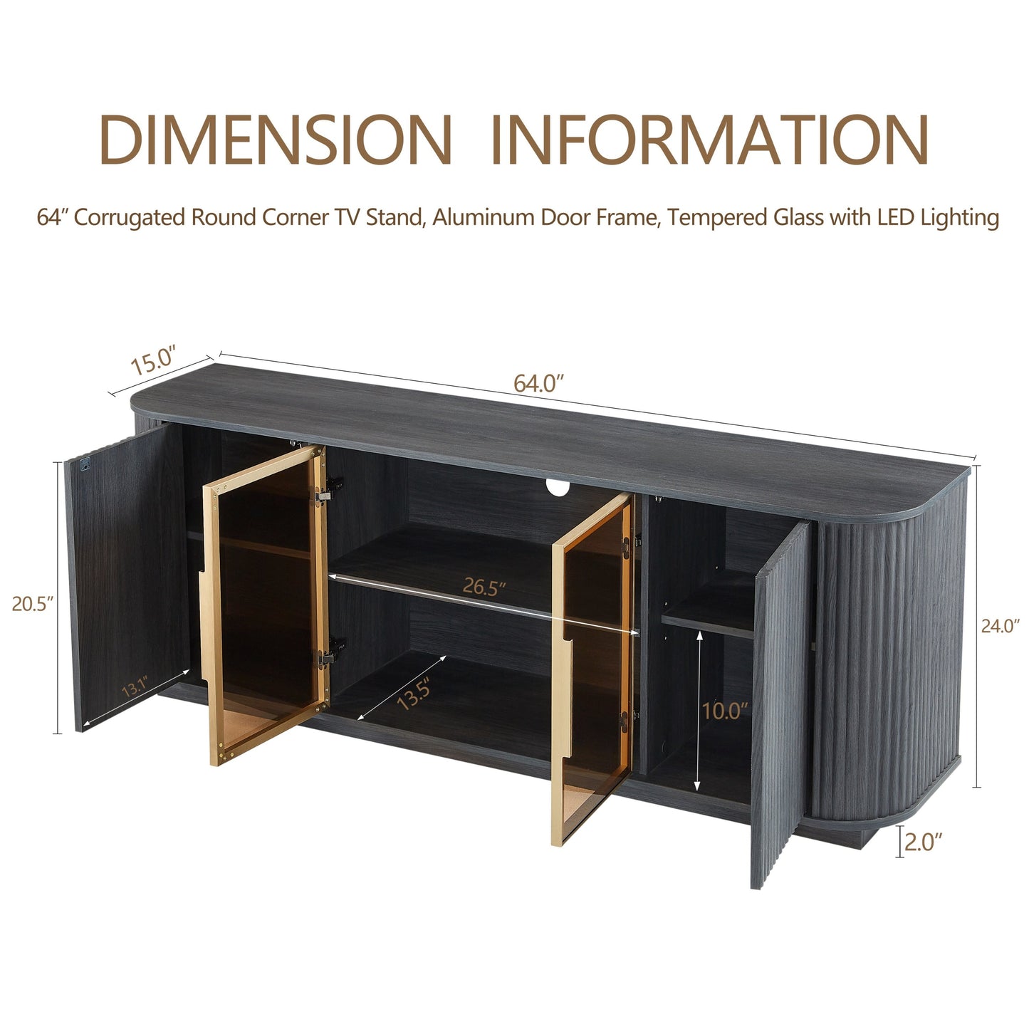 Modern 64-Inch Wavy TV Cabinet with LED Lights, Black, Particleboard and MDF, 64''W x 15''D x 24''H