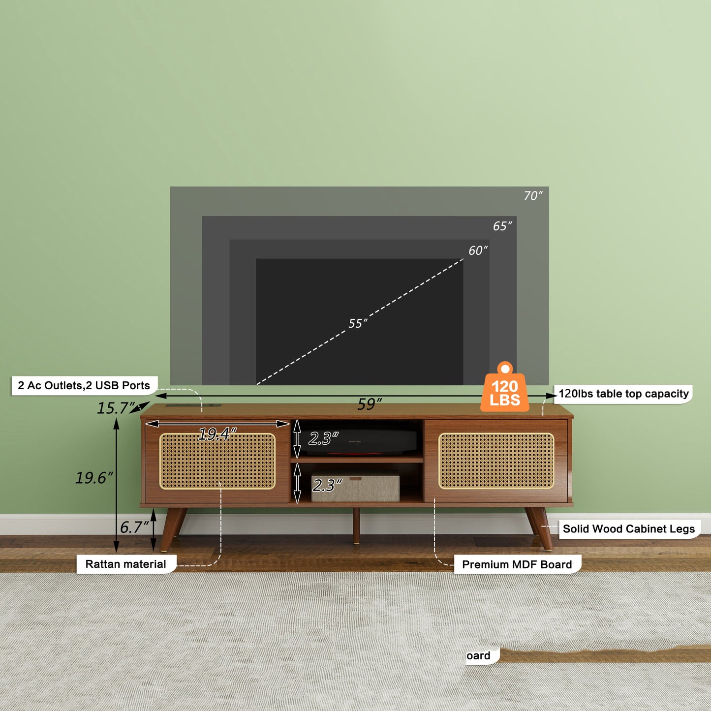Mid Century Modern Rattan TV Stand for 55/60/65 inch TV , Entertainment Cabinet, Media Console for Living Room Bedroom Media Room, Solid Wood Feet & Rattan Cabinet Doors (Walnut, 59')