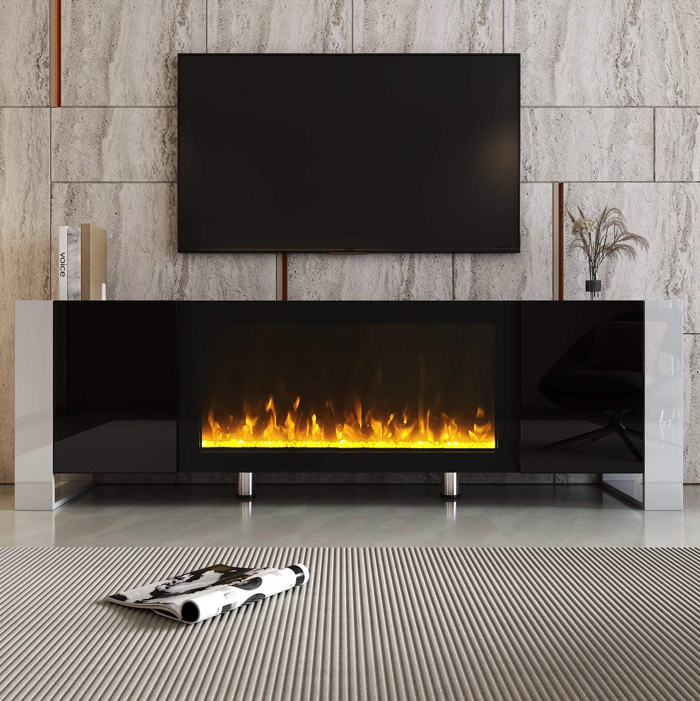 ON-TREND Modern TV Stand with 34.2' Non-heating Electric Fireplace, High Gloss Entertainment Center with 2 Cabinets, Media Console for TVs up to 78', Black