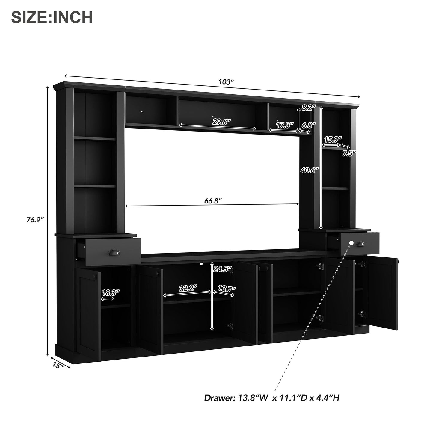 Minimalist Entertainment Wall Unit Set with Bridge for TVs Up to 75'', Ample Storage Space TV Stand with Adjustable Shelves, Modernist Large Media Console for Living Room, Black