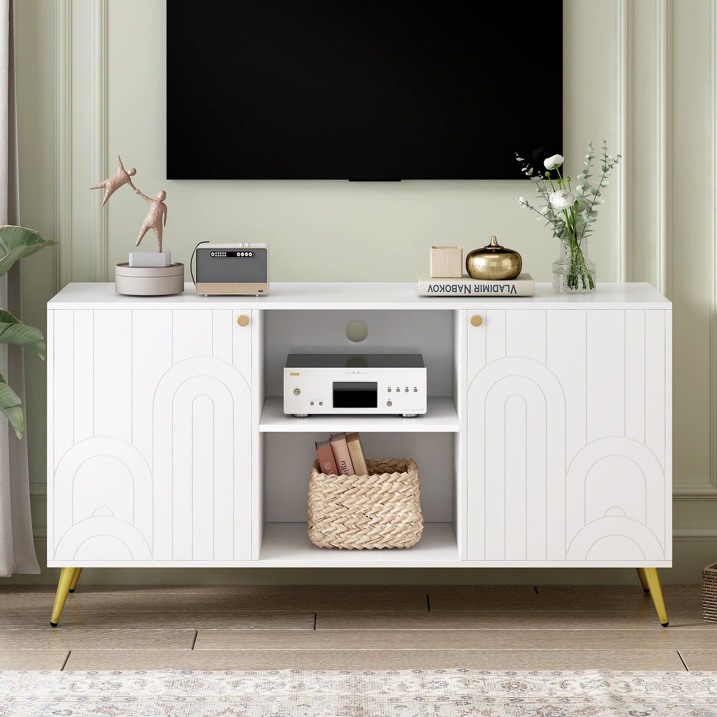 U-Can Modern TV Stand for TVs up to 55 Inches, Entertainment Center Media Console,Adjustable Shelf, Metal Legs, Handles and Anti-tip Device for Living room