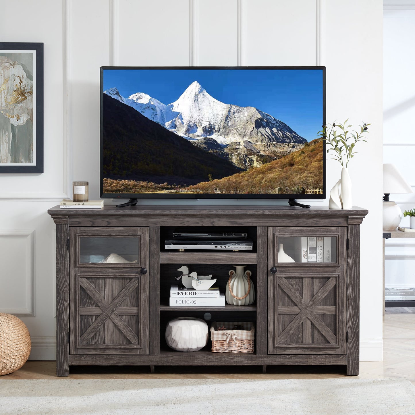 2 Doors Cabinet Farmhouse Cabinet, Farmhouse TV Stand Barn Design,Modern Farmhouse TV Media Stand, Large Barn Inspired Home Entertainment Console,GREY, 60.23'W*15.35'D*31.7'H