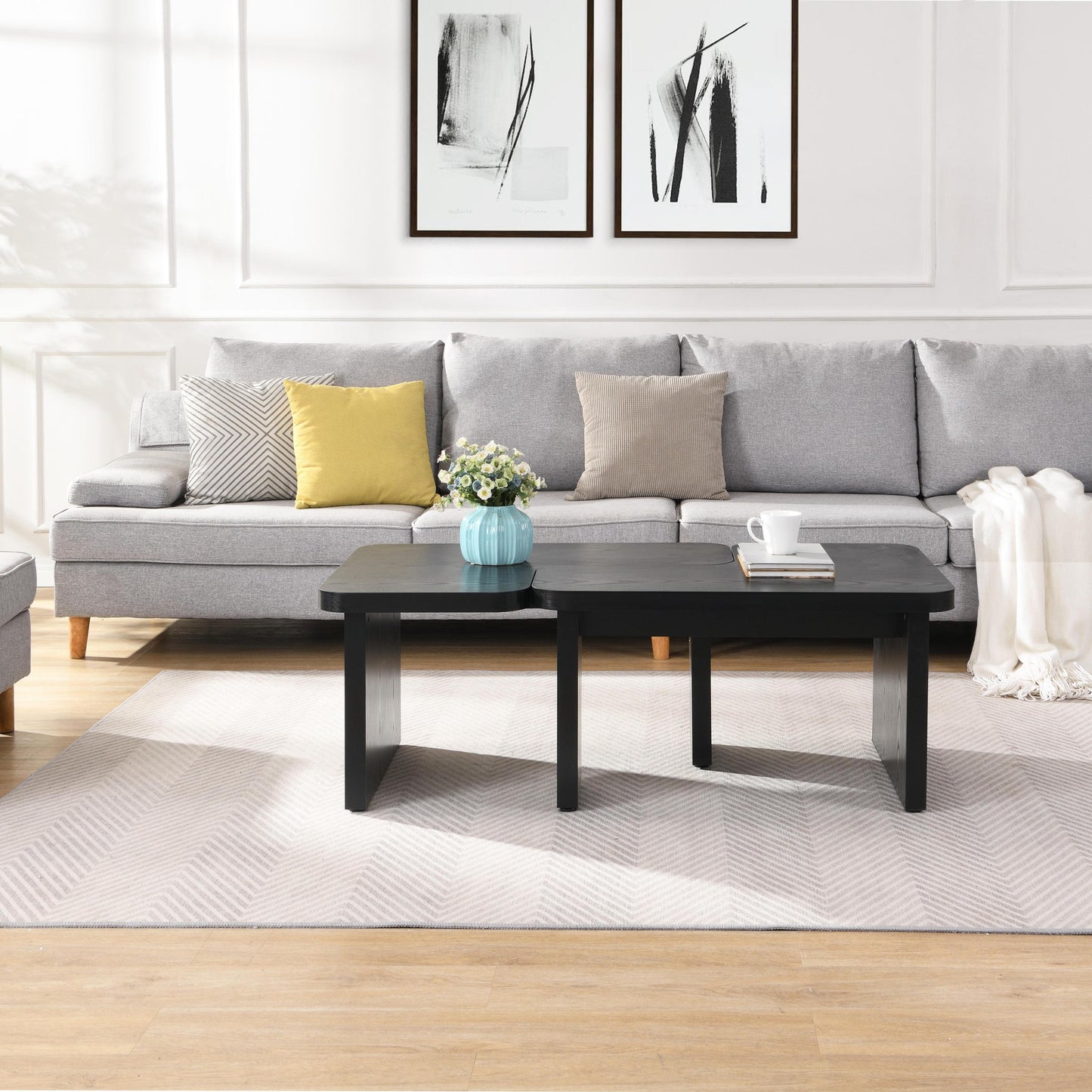 47.24*23.62 inch and 35.43*31.49 inch Rectangle Wood Detachable Coffee Table, Single L Shape Farmhouse Coffee Table for Dining Room, Garden, black