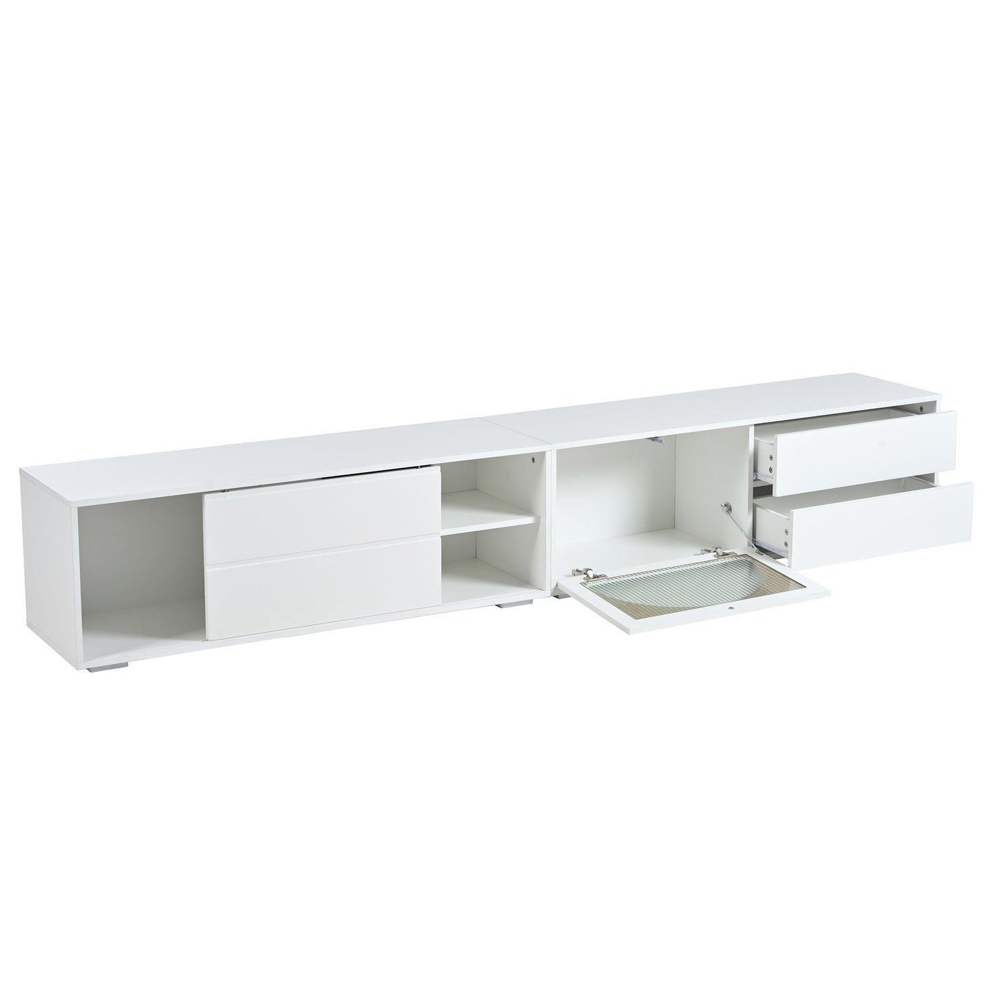 ON-TREND Modern TV Stand with Fluted Glass Door for TVs Up to 100', Media Console with Sliding Door & 2 Drawers, Free-Combination Entertainment Center with LED Light for Living Room, Bedroom, White
