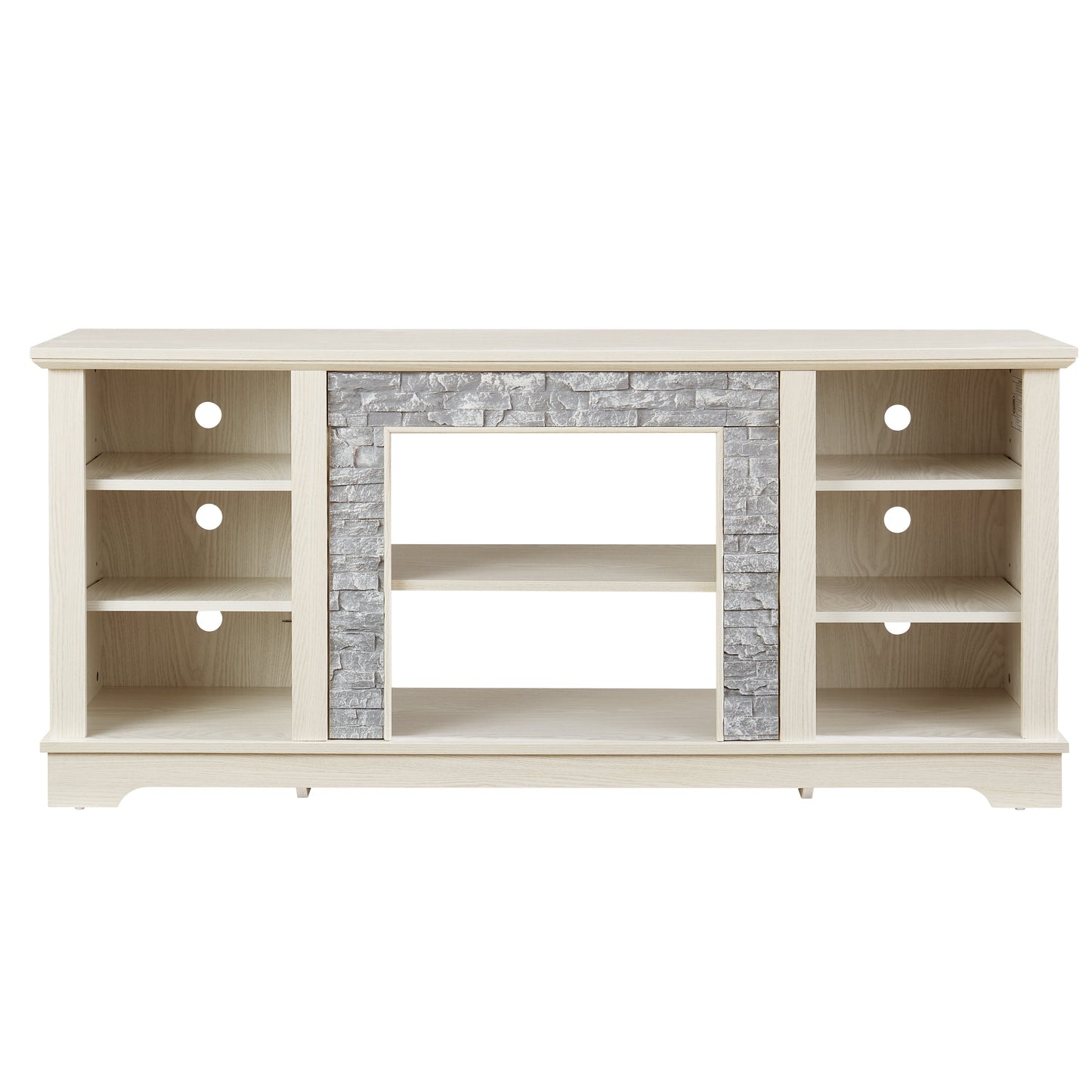Mantel Stone TV Media Stand with with Faux Stacked Stone Surround, Modern Entertainment Console with Open Storage Space,WHITE, 58.31'W*15.39'D*26.06'H