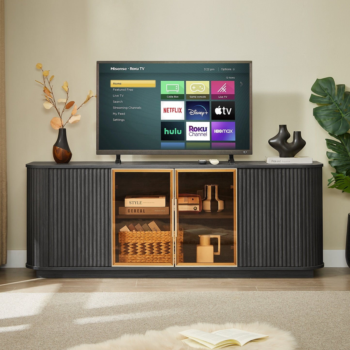 Modern 64-Inch Wavy TV Cabinet with LED Lights, Black, Particleboard and MDF, 64''W x 15''D x 24''H