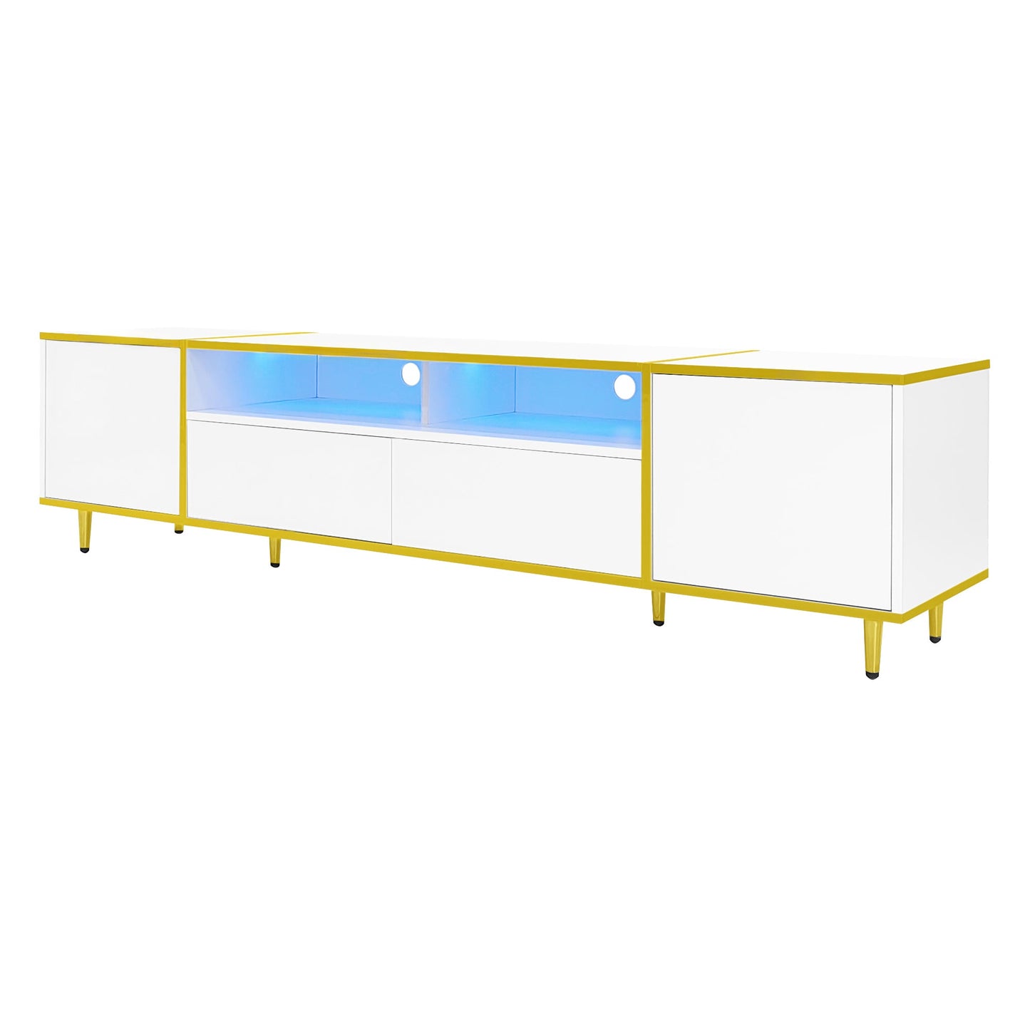 U-Can 70.9'' Modern TV Stand for TVs up to 80 Inches, Entertainment Center with 2 Shelves and LED Lights, TV Storage Cabinet with 2 Drawers, 2 Cabinets and Metal Legs for Living room