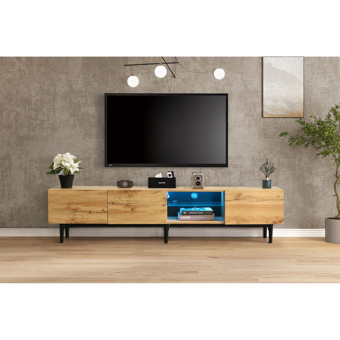 Modern TV Stand with 4 Cabinets& Open Shelves, Color-matching Media Console Table for TVs up to 80'' with LED Light, Entertainment Center with Drop Down Door for Living Room, Bedroom, Home Theatre
