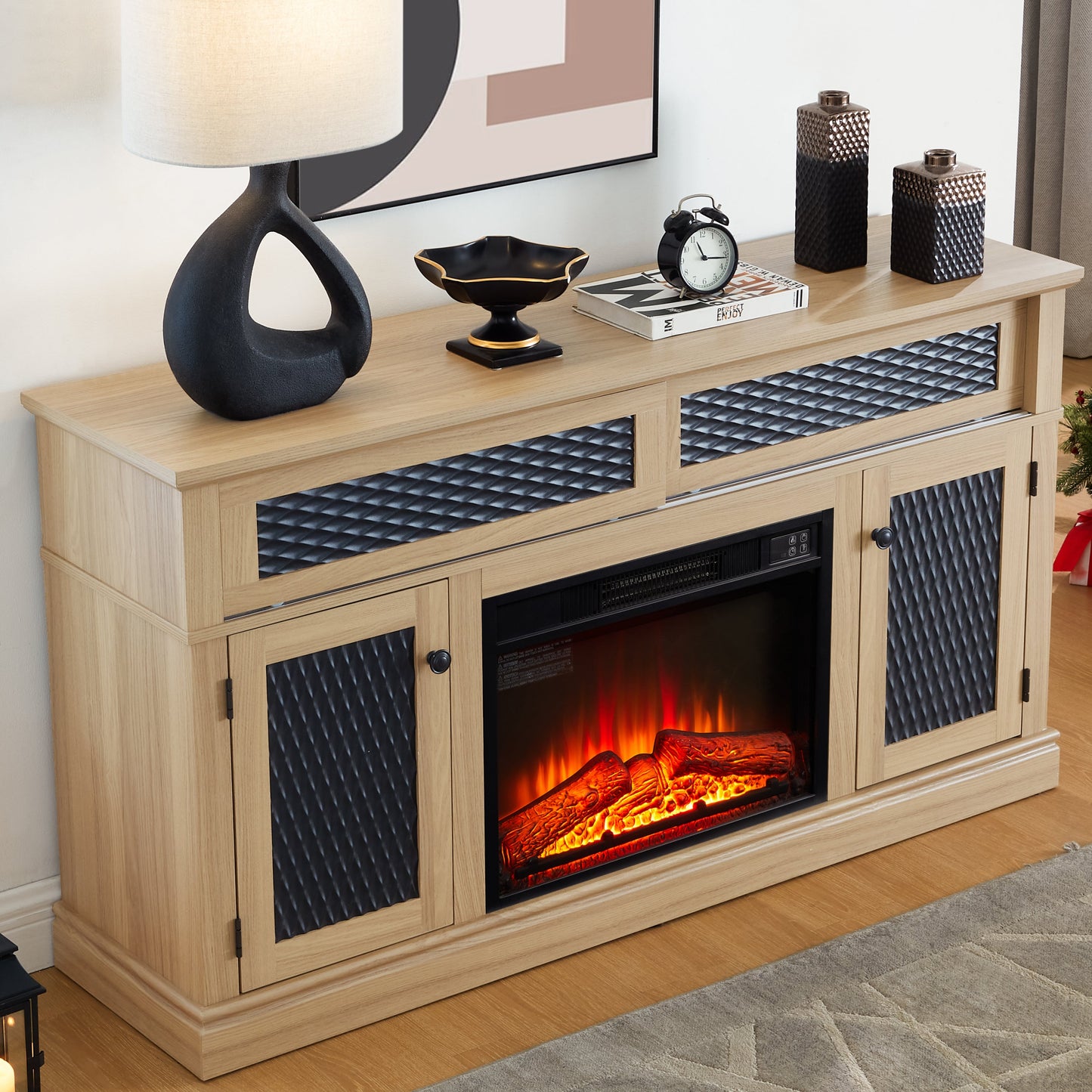 Embossed Pattern TV Stand with 23' fireplace insert,, TV and Media Console with Open and Closed Storage Space and sliding door for Living Room & Bedroom,LIGHT OAK, 58.27'W*15.35'W*31.7H