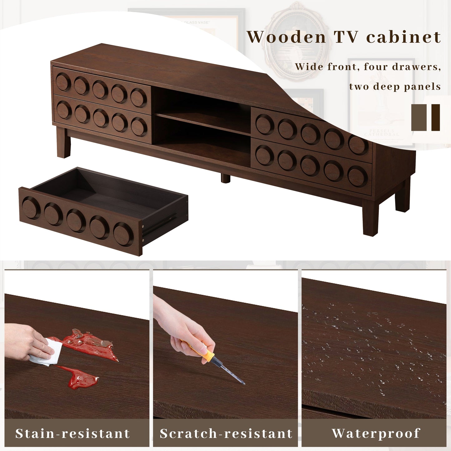 TV Stand for TVs up to 75', Media Console with 4 Drawers, Entertainment Center with Storage for Living Room and Bedroom(Dark Brown)