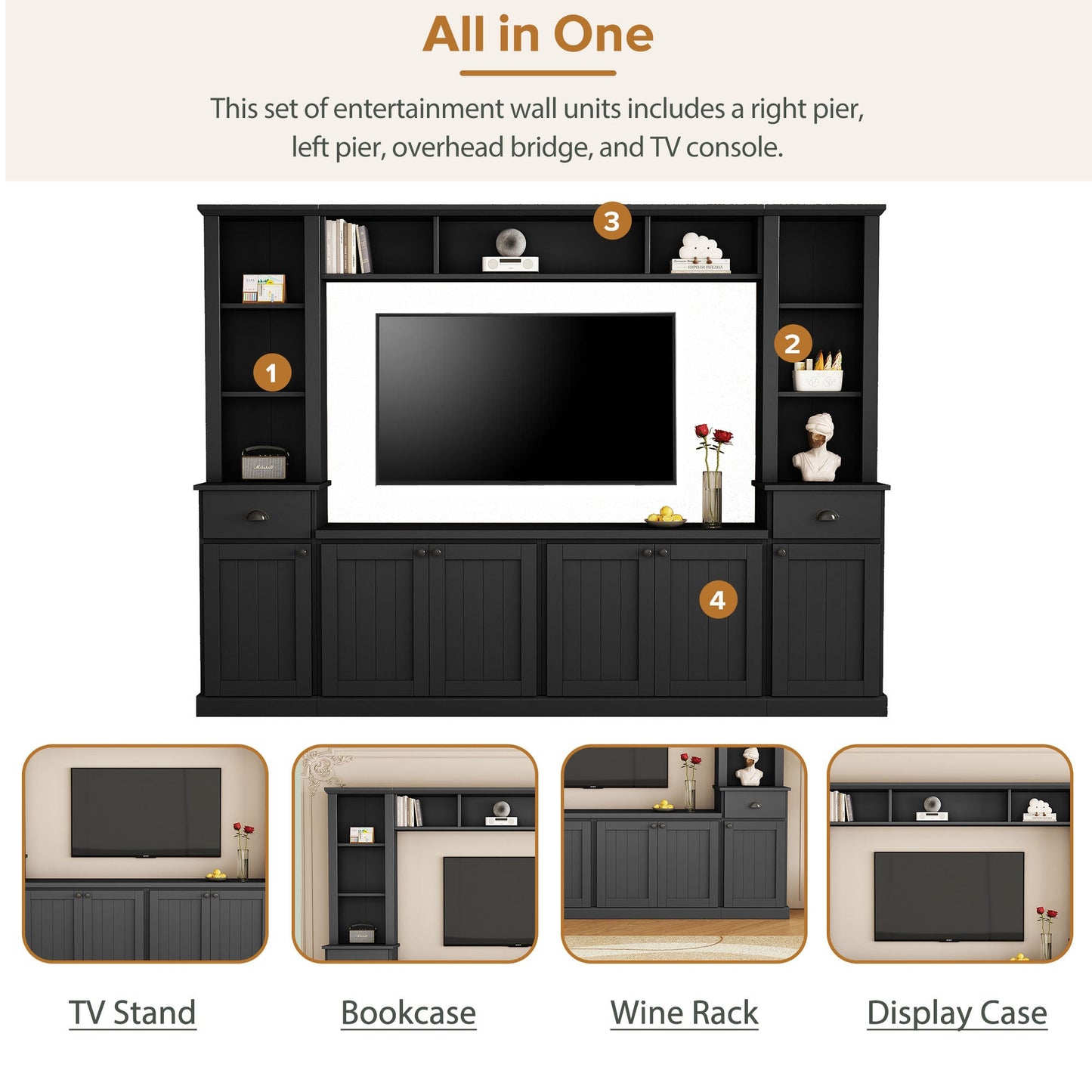 Minimalist Entertainment Wall Unit Set with Bridge for TVs Up to 75'', Ample Storage Space TV Stand with Adjustable Shelves, Modernist Large Media Console for Living Room, Black
