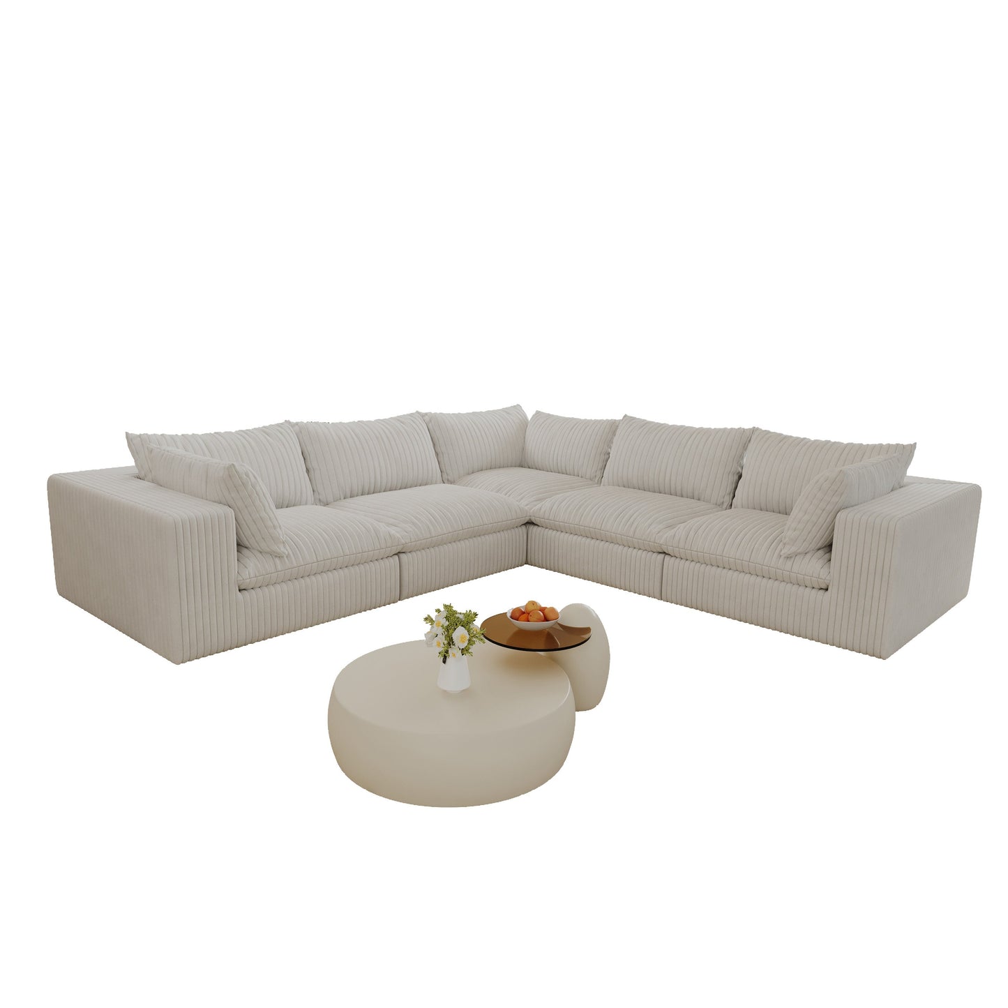 118.2' Cloud Sofa,Corduroy Fabric,Deep Seat Couches,Double-layer design,Removable Cushion,No Assembly, DIY Combination for Living room, Bedroom,Conference room ,Apartment,WHITE
