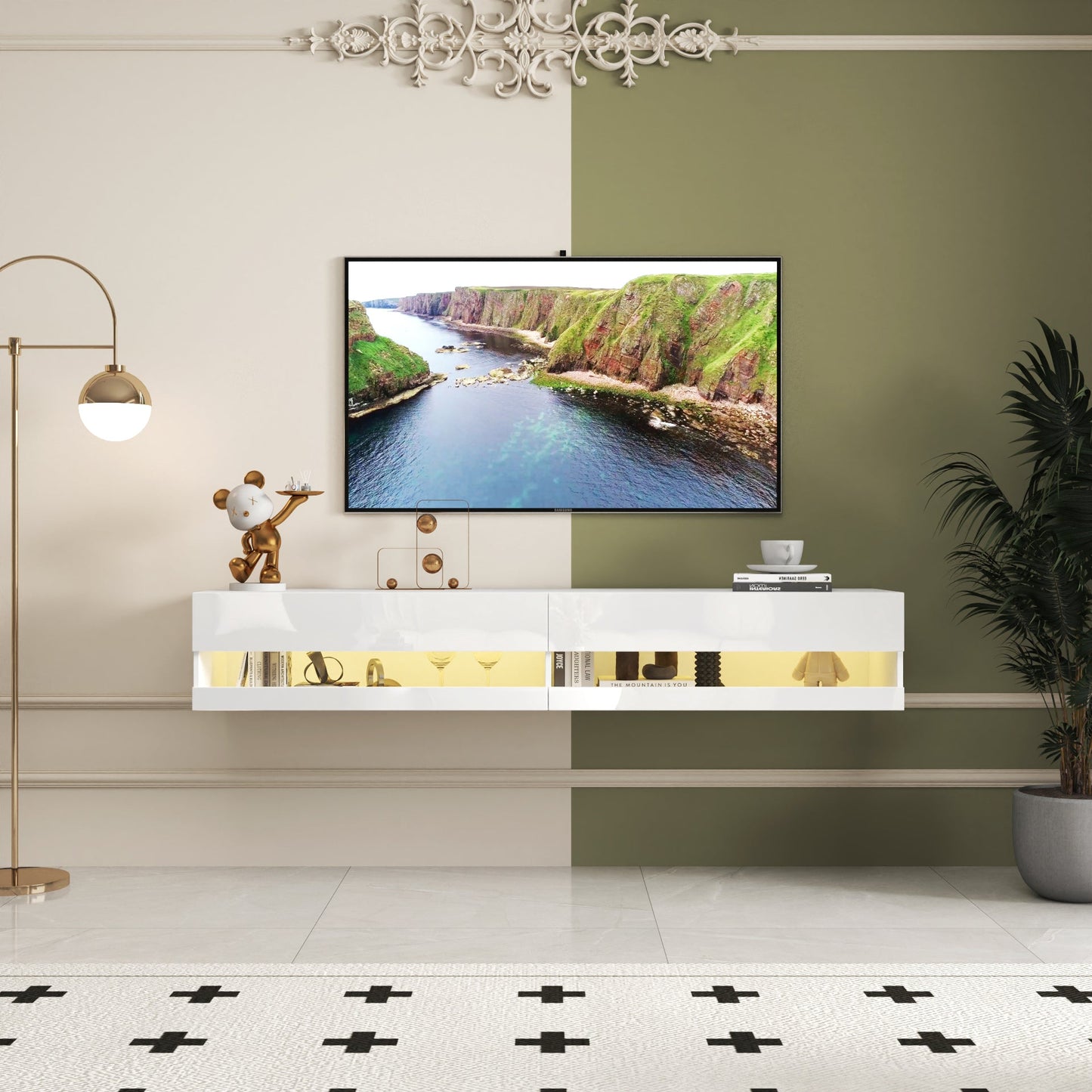 180 Wall Mounted Floating 80' TV Stand with 20 Color LEDs and Charging Station
