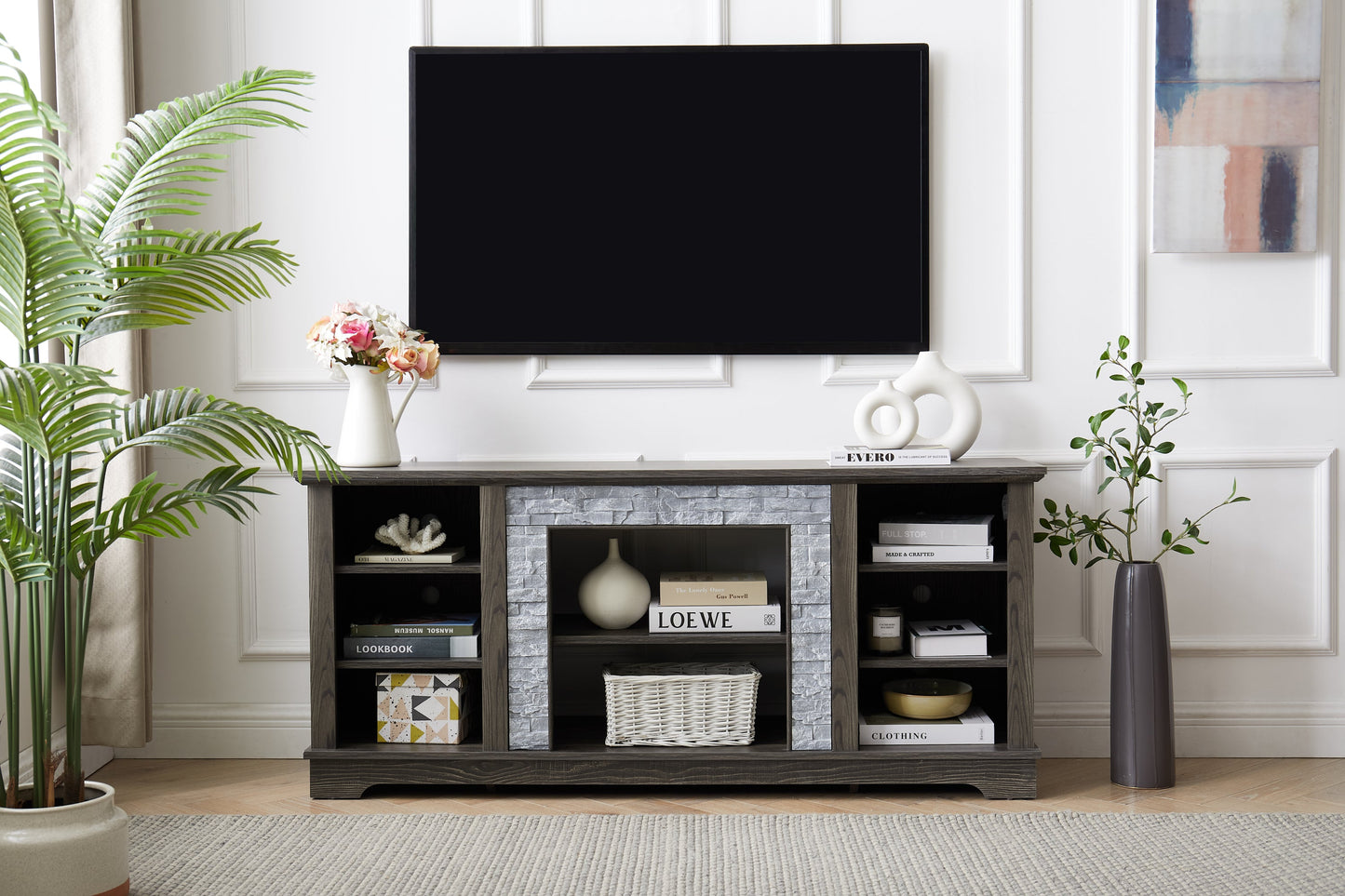 Mantel Stone TV Media Stand with with Faux Stacked Stone Surround, Modern Entertainment Console with Open Storage Space,Grey, 58.31'W*15.39'D*26.06'H