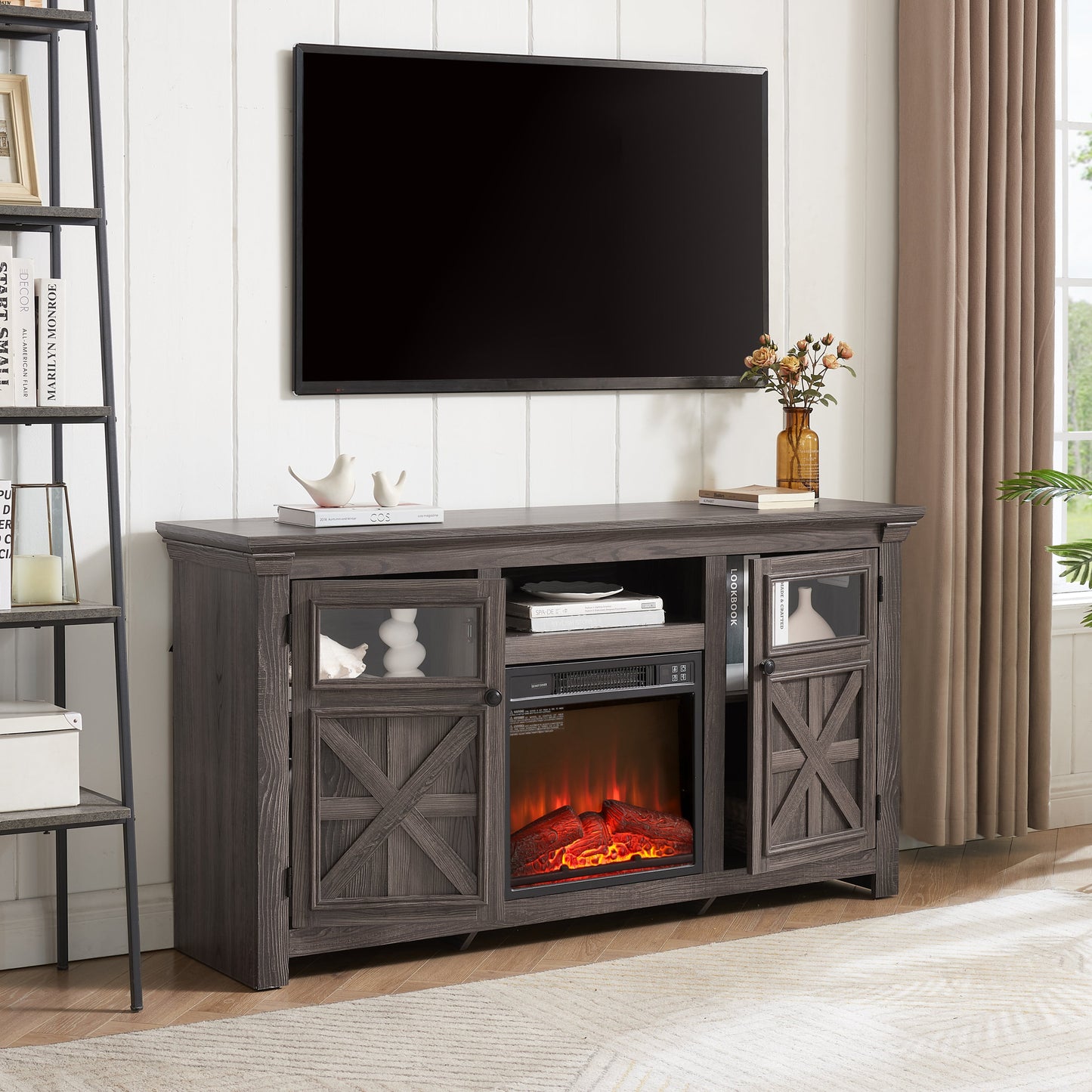 2 Doors Cabinet Farmhouse Cabinet, Farmhouse TV Stand Barn Design,Farmhouse TV Media Stand, Large Barn Inspired Home Entertainment Console with 18' fireplace insert,GREY, 60.23'W*15.35'D*31.7'H
