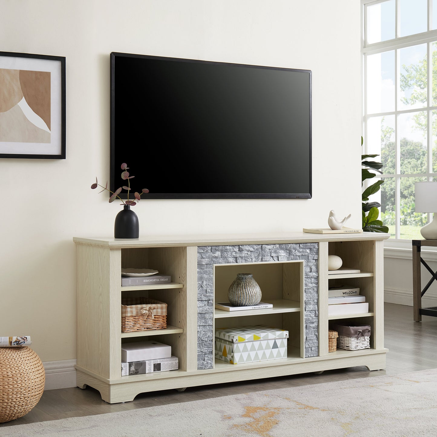 Mantel Stone TV Media Stand with with Faux Stacked Stone Surround, Modern Entertainment Console with Open Storage Space,WHITE, 58.31'W*15.39'D*26.06'H