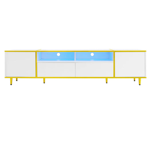 U-Can 70.9'' Modern TV Stand for TVs up to 80 Inches, Entertainment Center with 2 Shelves and LED Lights, TV Storage Cabinet with 2 Drawers, 2 Cabinets and Metal Legs for Living room