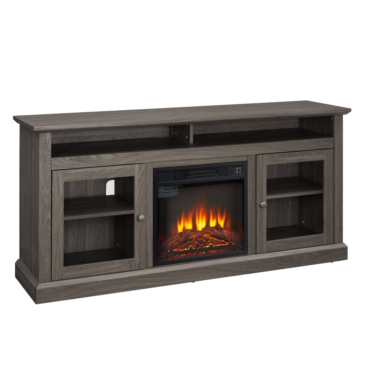 Retro TV Stand for 65'' TV, TV Console Cabinet with Storage, Open Shelves Entertainment Center with 18' Fireplace Insert for Living Room Dark Walnut 60'W*15.75'D*29'H