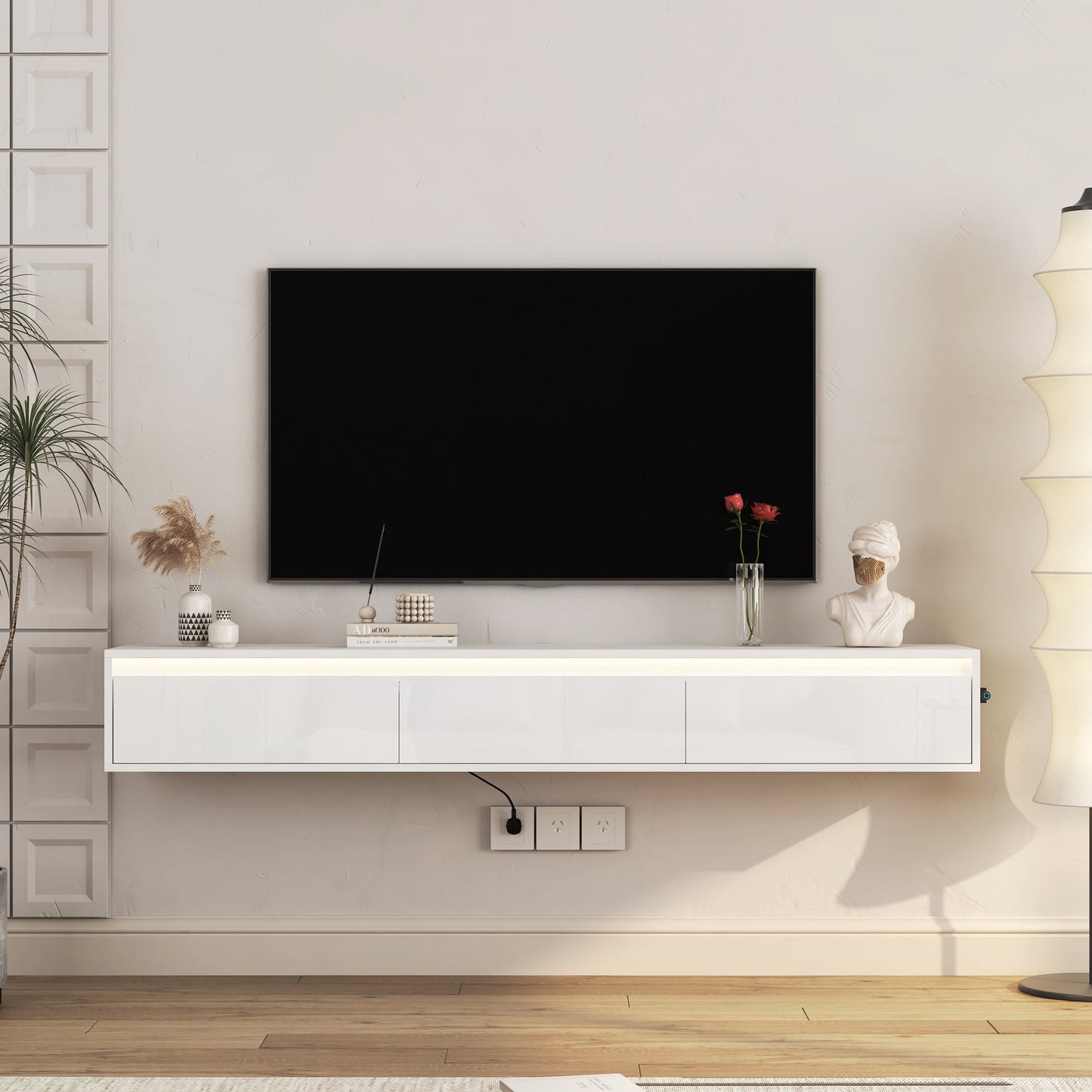 Floating TV Stand, Wall Mounted TV Shelf with Led Lights & Power Outlet,High Gloss TV Cabinet for tv Stands for Living Room
