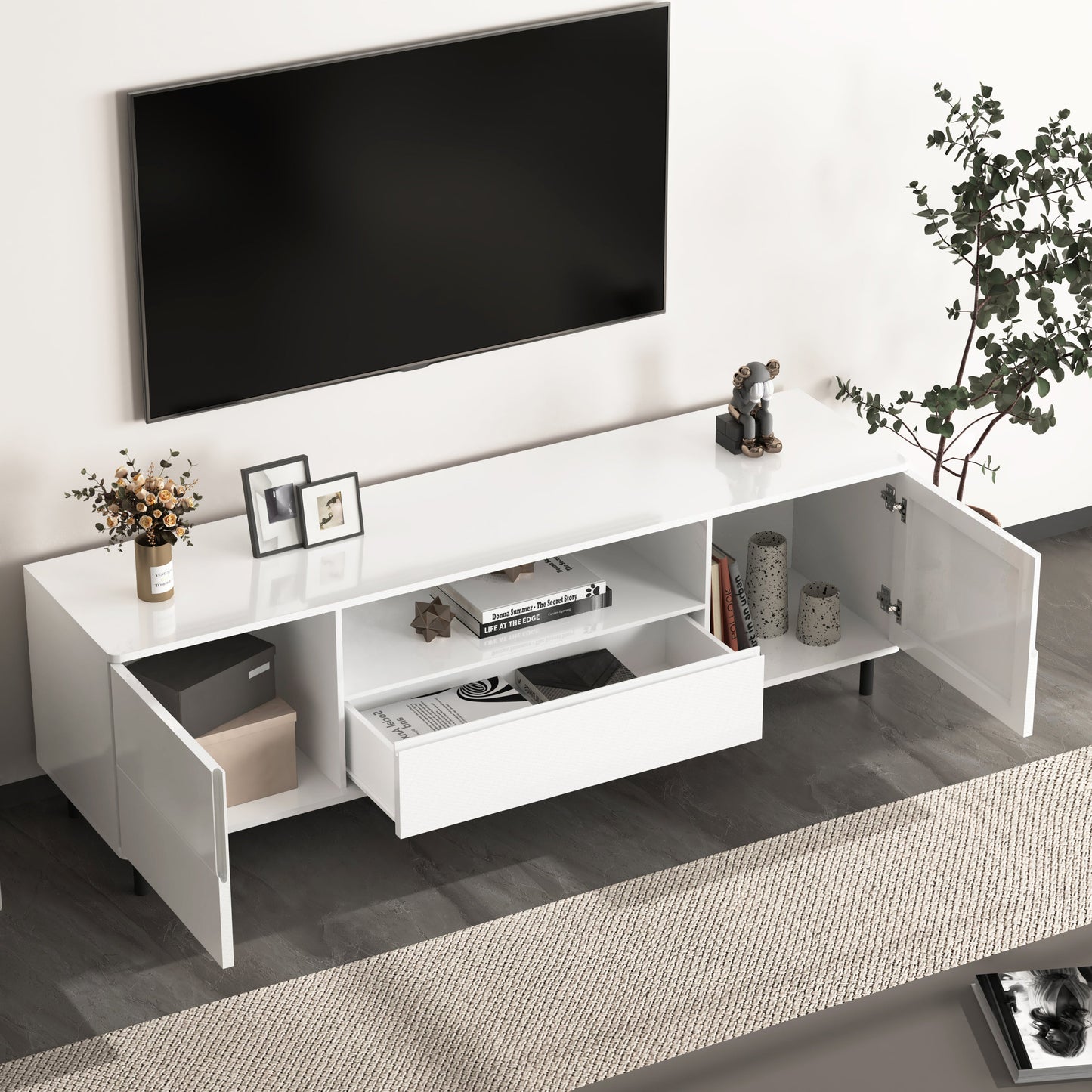 High Gloss Panel Modern TV Console, TV Stand, Entertainment Center with Storage Shelves,TV Cabinet for Living Room, Bedroom, Cloud White 63x15.74x19.68 inch