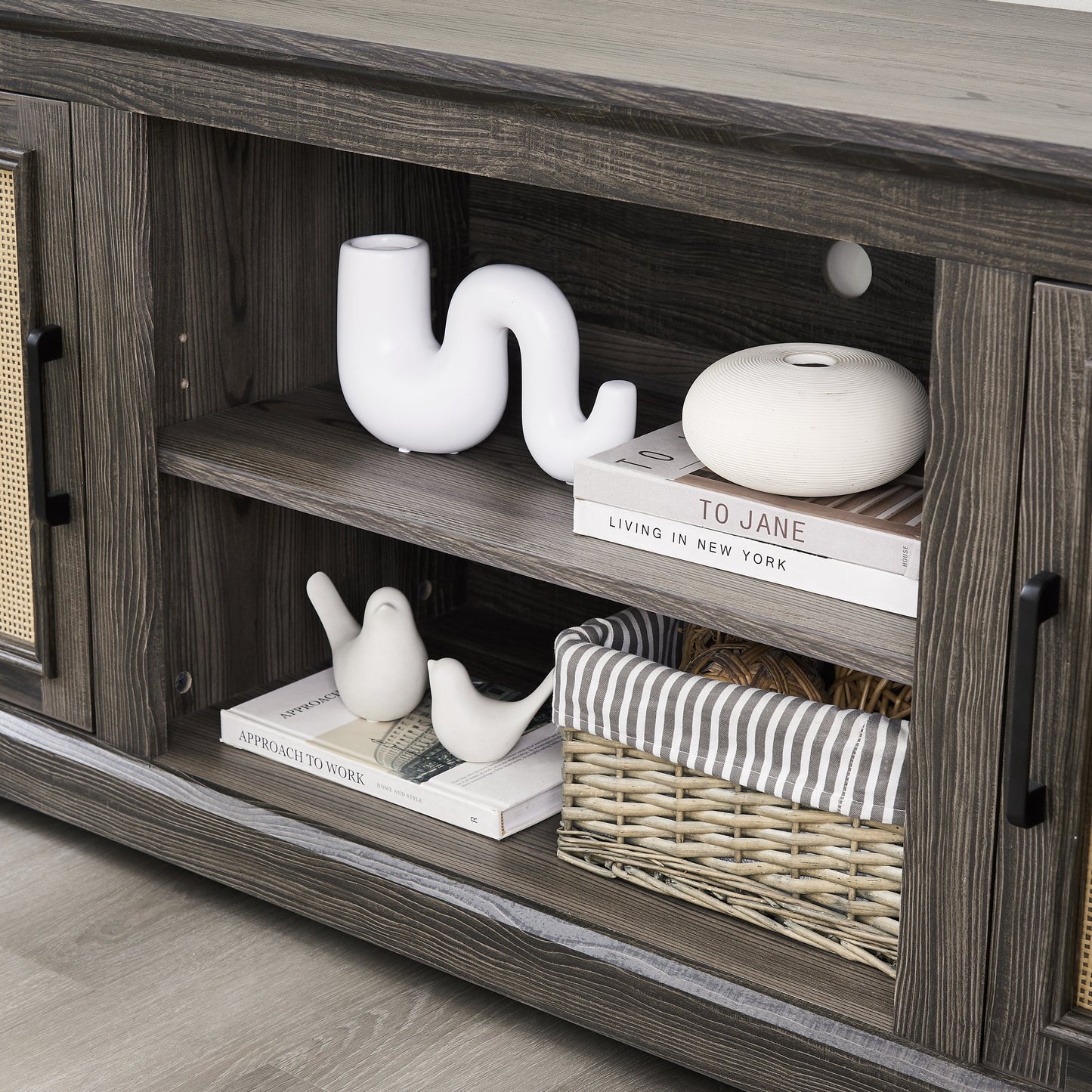 Farmhouse Rattan TV Stand Console Table for TVs up to 70 Inches, TV Console Table with 2 Storage Shelves, 2 Natural Rattan Door Cabinets, 65'W*15.55'D*23.86'H, Gray