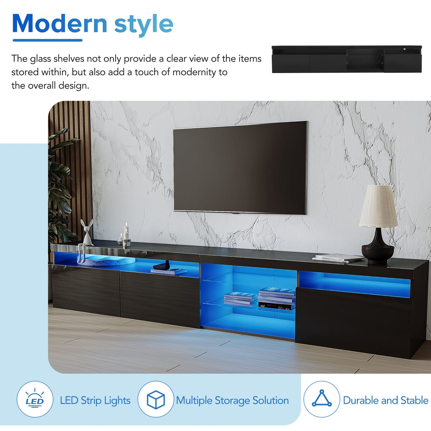 ON-TREND Unique Design TV Stand with 2 Glass Shelves, Ample Storage Space Media Console for TVs Up to 105', Versatile TV Cabinet with LED Color Changing Lights for Living Room, Black
