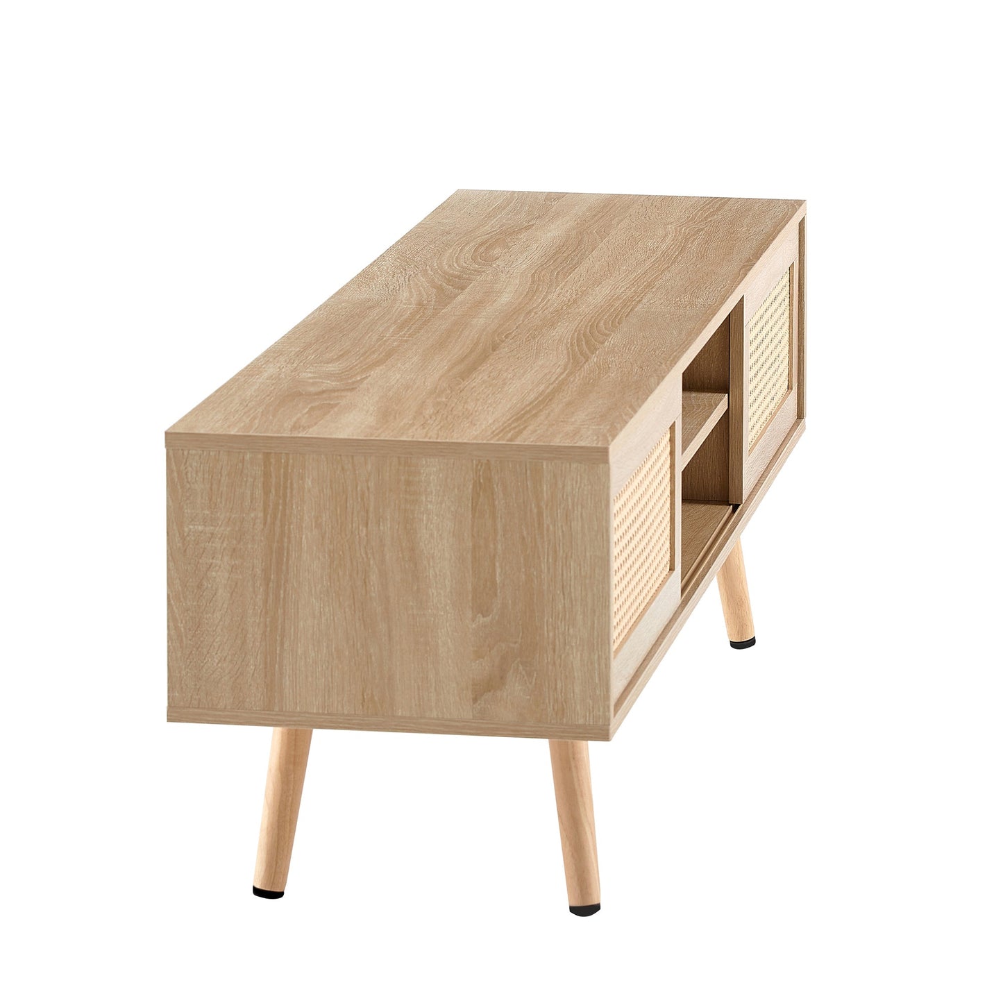 Natural Rattan TV Cabinet with Double Sliding Doors, Adjustable Shelf, Solid Wood Legs, 55.12 Inches