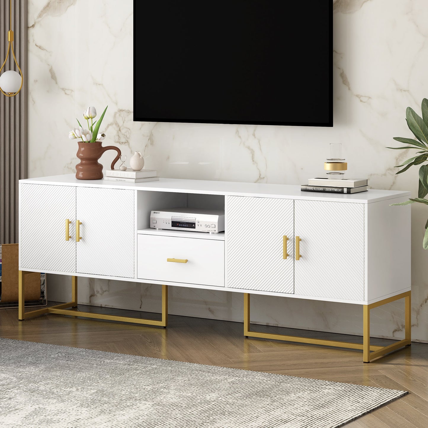 U-Can Modern TV Stand for TV up to 70 Inches,TV Cabinet with 1 Drawer, 2 Cabinets and Metal Legs, Handles and Anti-tip Device for Living room
