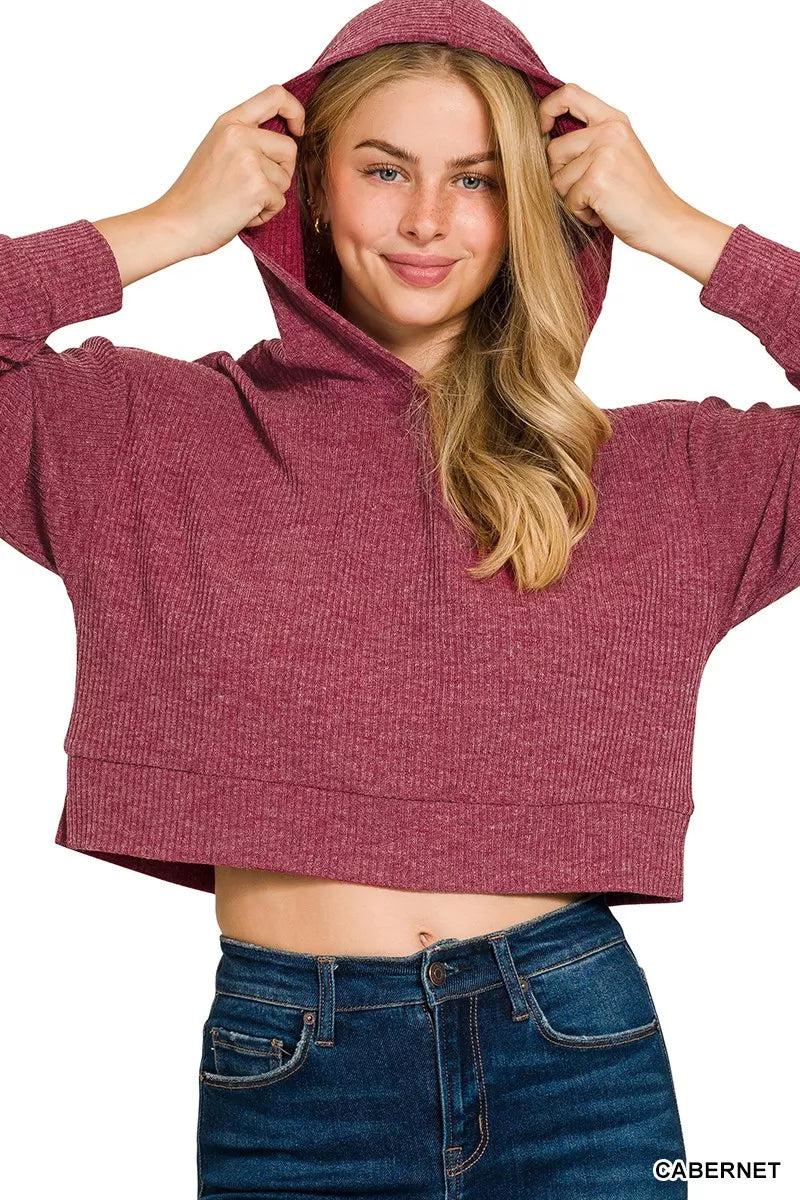 Zenana Drop Shoulder Ribbed Crop Hoodie - Lee's Retail