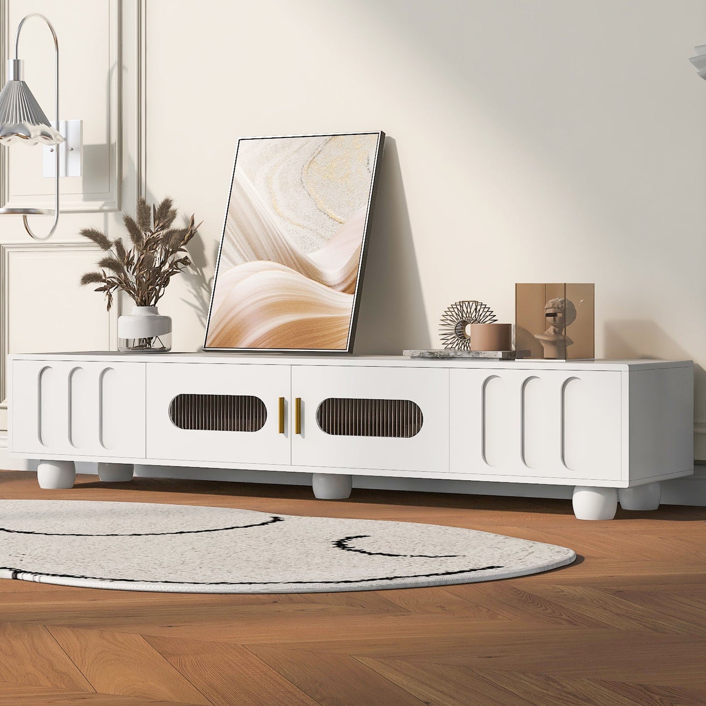 U-Can Modern TV Stand for TVs up to 80 Inches, Entertainment Center with Glass Door, TV Storage Cabinet with Solid Wood Legs and Metal Handles for Living room(OLD SKU:WF323694AAK )