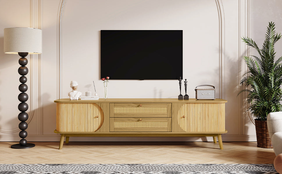 Rattan TV Stand for TVs up to 75'', Modern Farmhouse Media Console, Entertainment Center with Solid Wood Legs, TV Cabinet for Living Room,Home Theatre